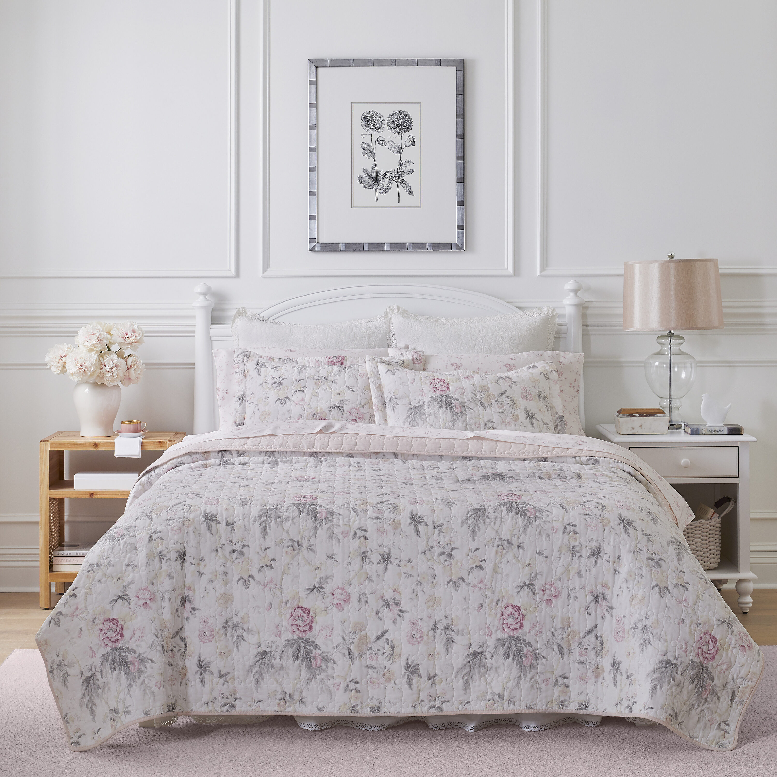 Laura Ashley 222277 Breezy Floral 2 -Piece Pink/Grey Twin Quilt Set