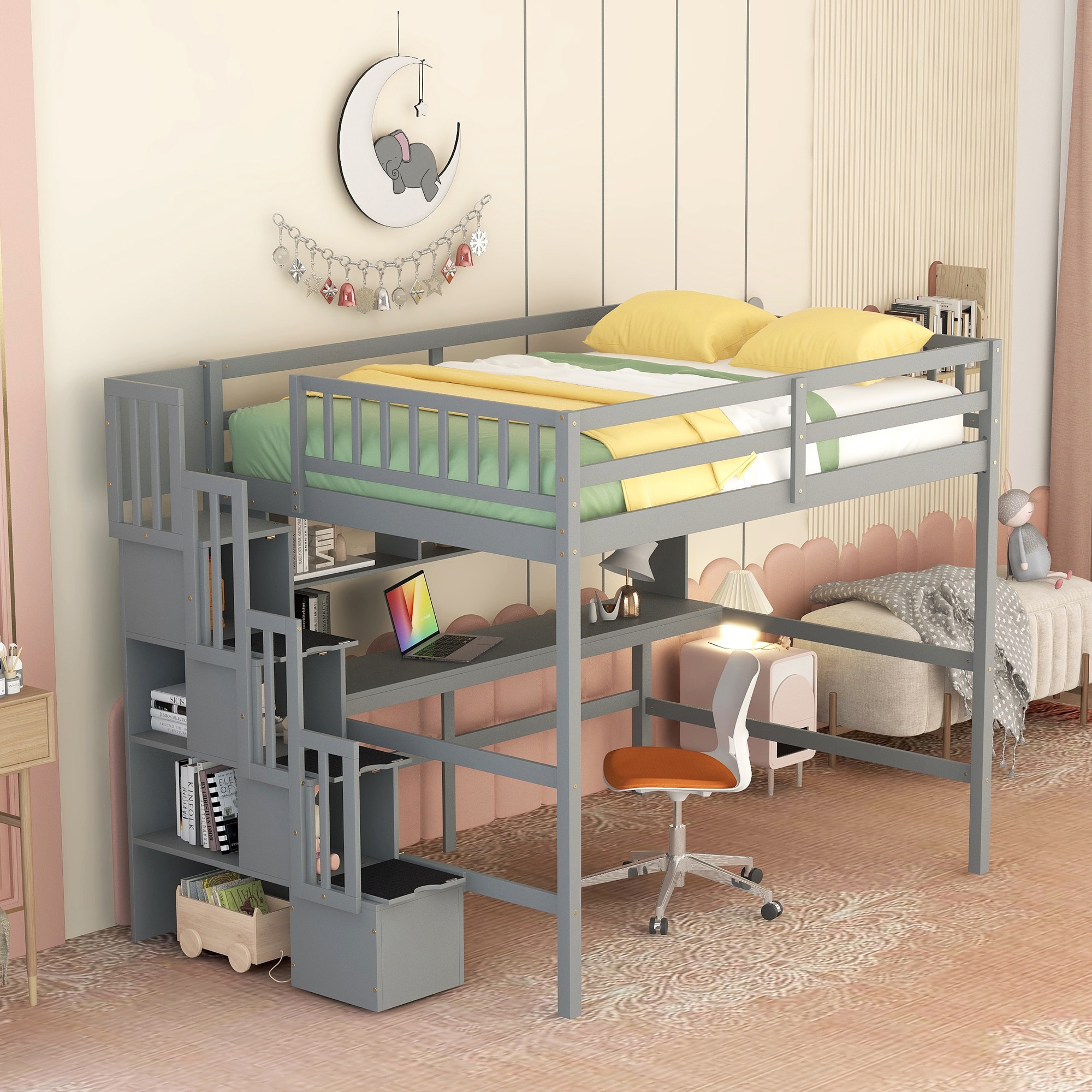 GDFStudio Atlas Farmhouse Multifunctional Wood Loft Bed with Built-In Desk Storage Shelves and Staircase - Full - Grey