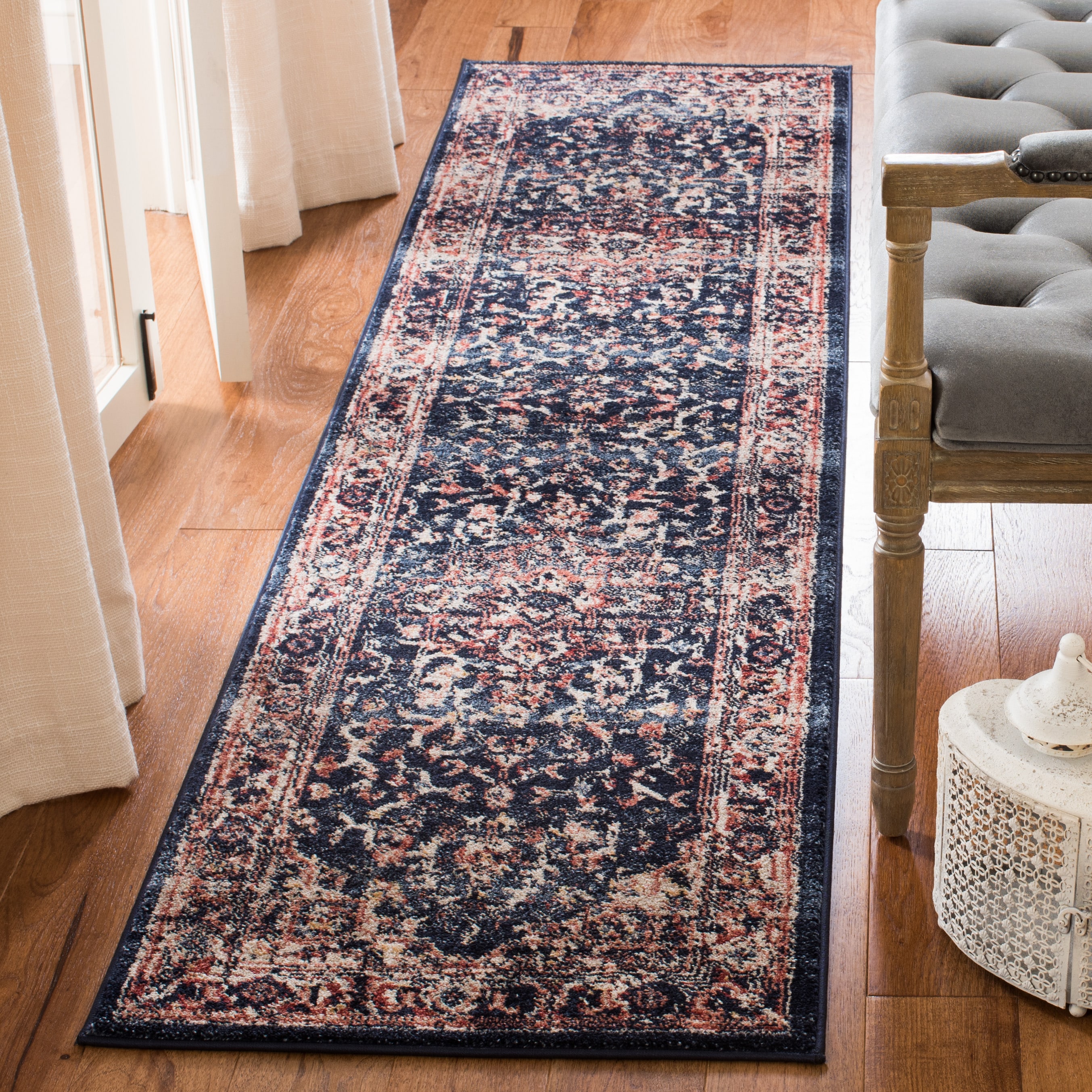 Charleston 411L Navy/Red 2ft x 8ft Runner Rug