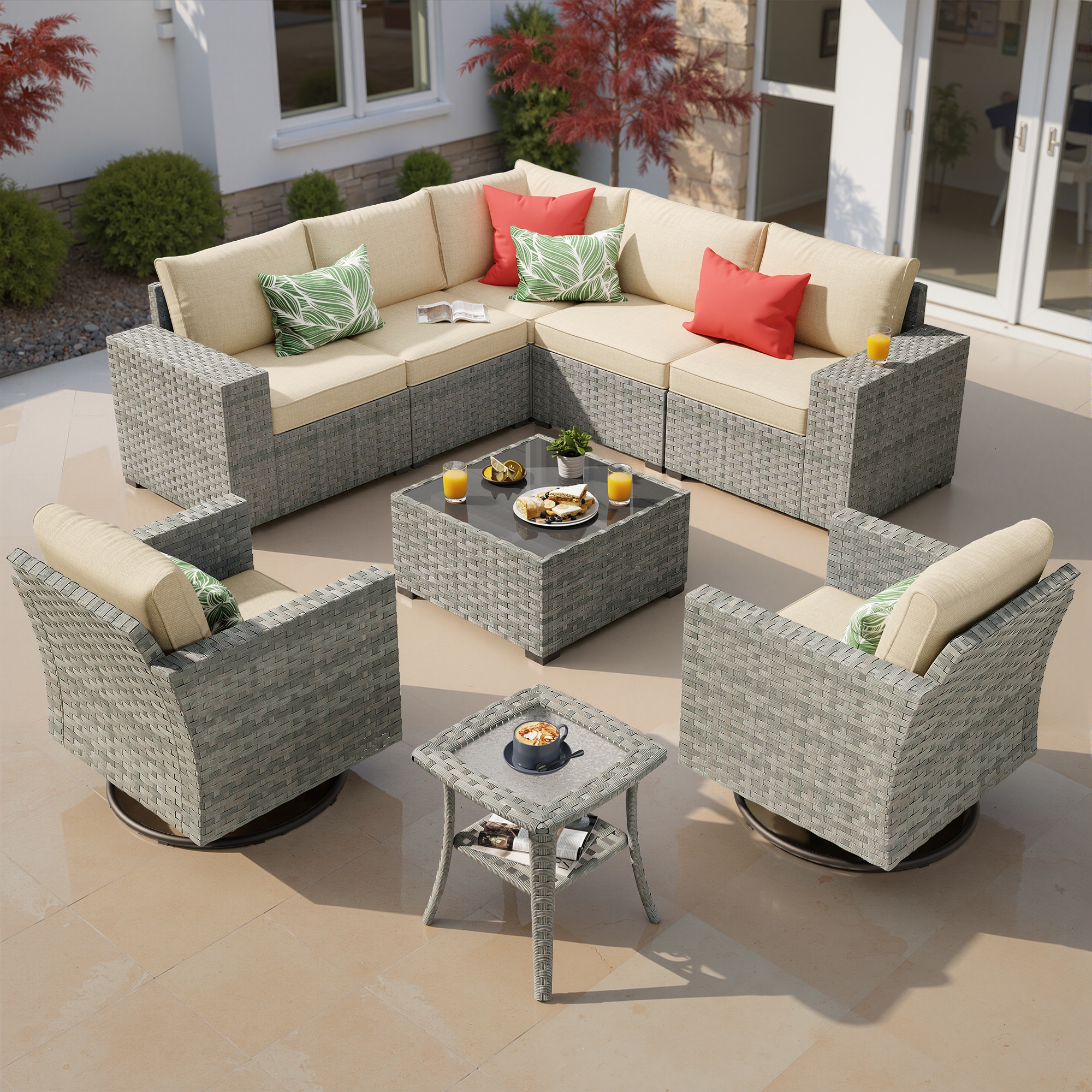 weaxty DDFPRRSGRS609 Kuuga 9 -Piece Wicker Patio Conversation Set with Off-white Cushions