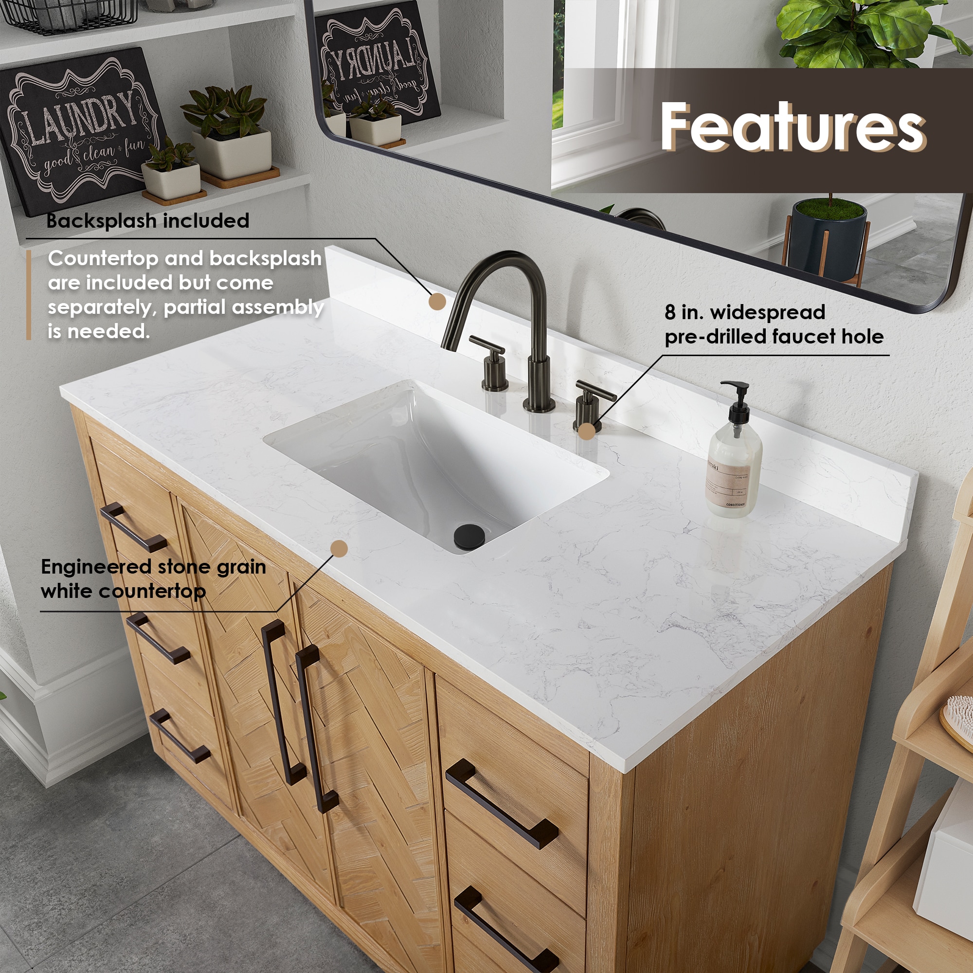Jareth 48'' Natural Wood Single Bathroom Vanity with White Stone Top