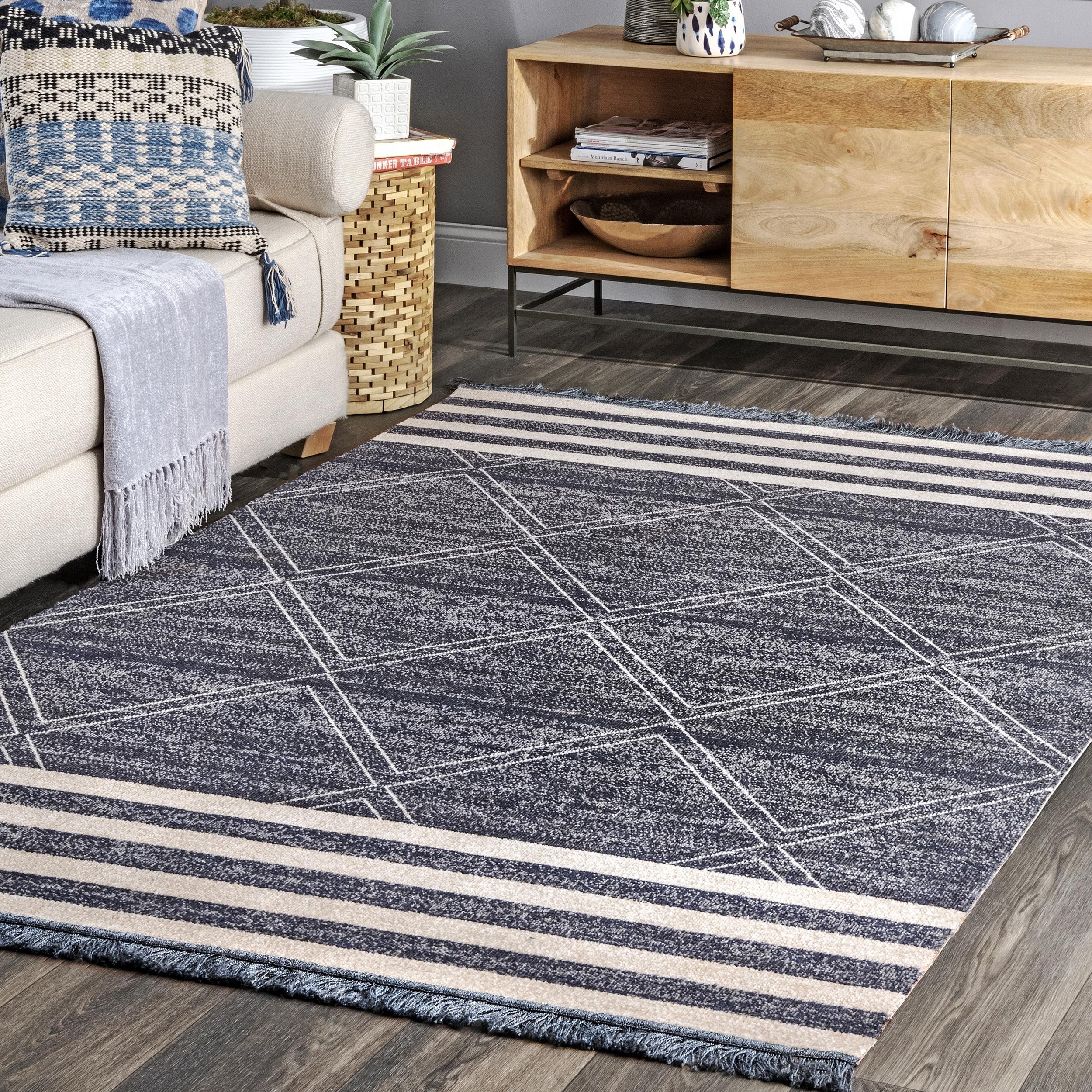 Blue and Beige Striped Synthetic Indoor/Outdoor Runner Rug