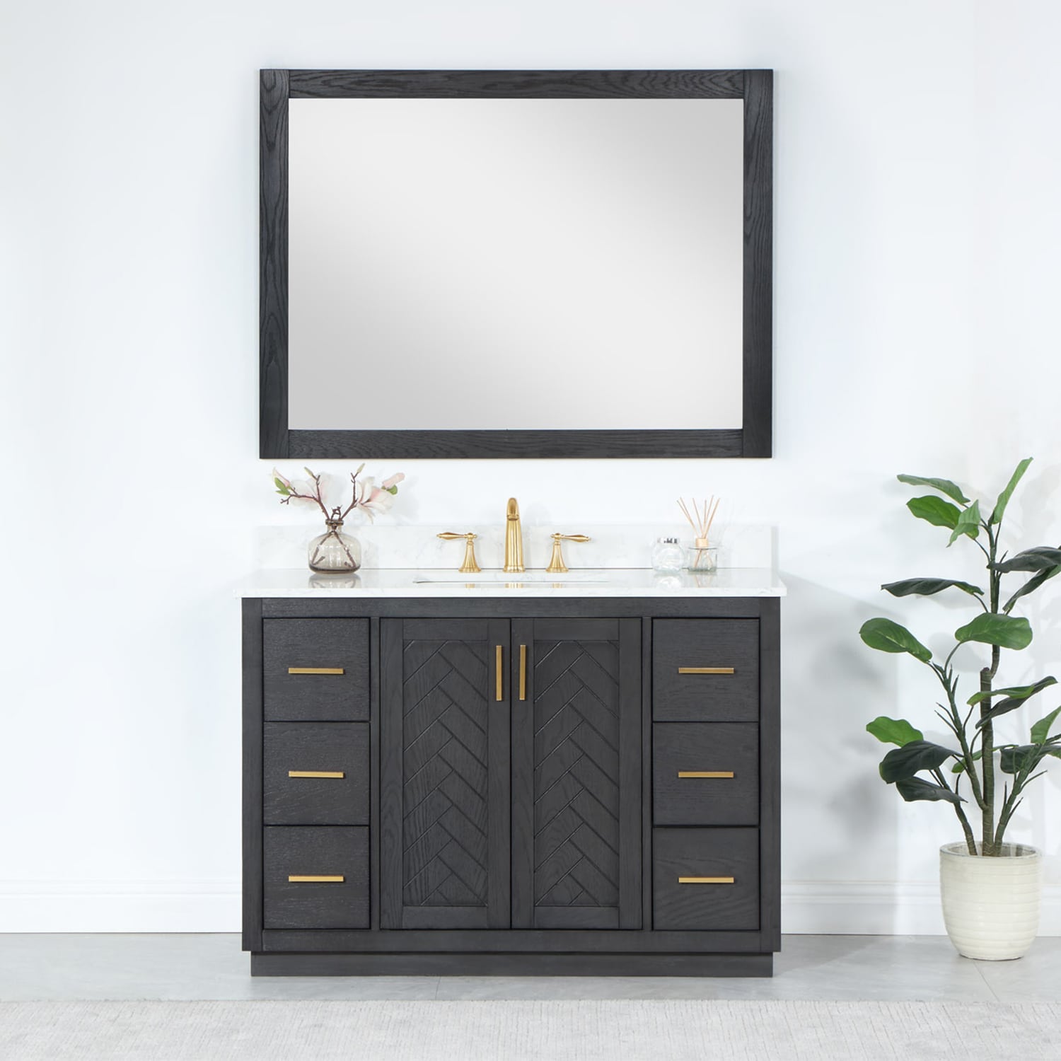 Altair 543048-BN-GW Gazsi 48-in Brown Oak Undermount Single sink Bathroom Vanity with Grain White Engineered marble Top (Mirror Included)