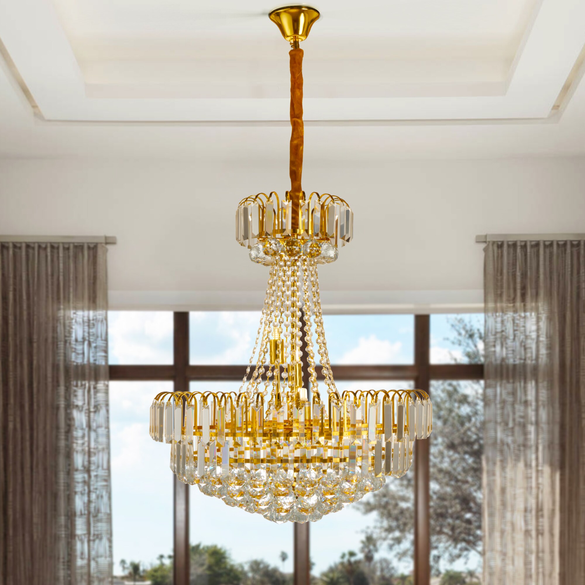 シャンデリアE EFPERFECT 24 Inch Luxury 8 Light Gold Crystal Chandelier for