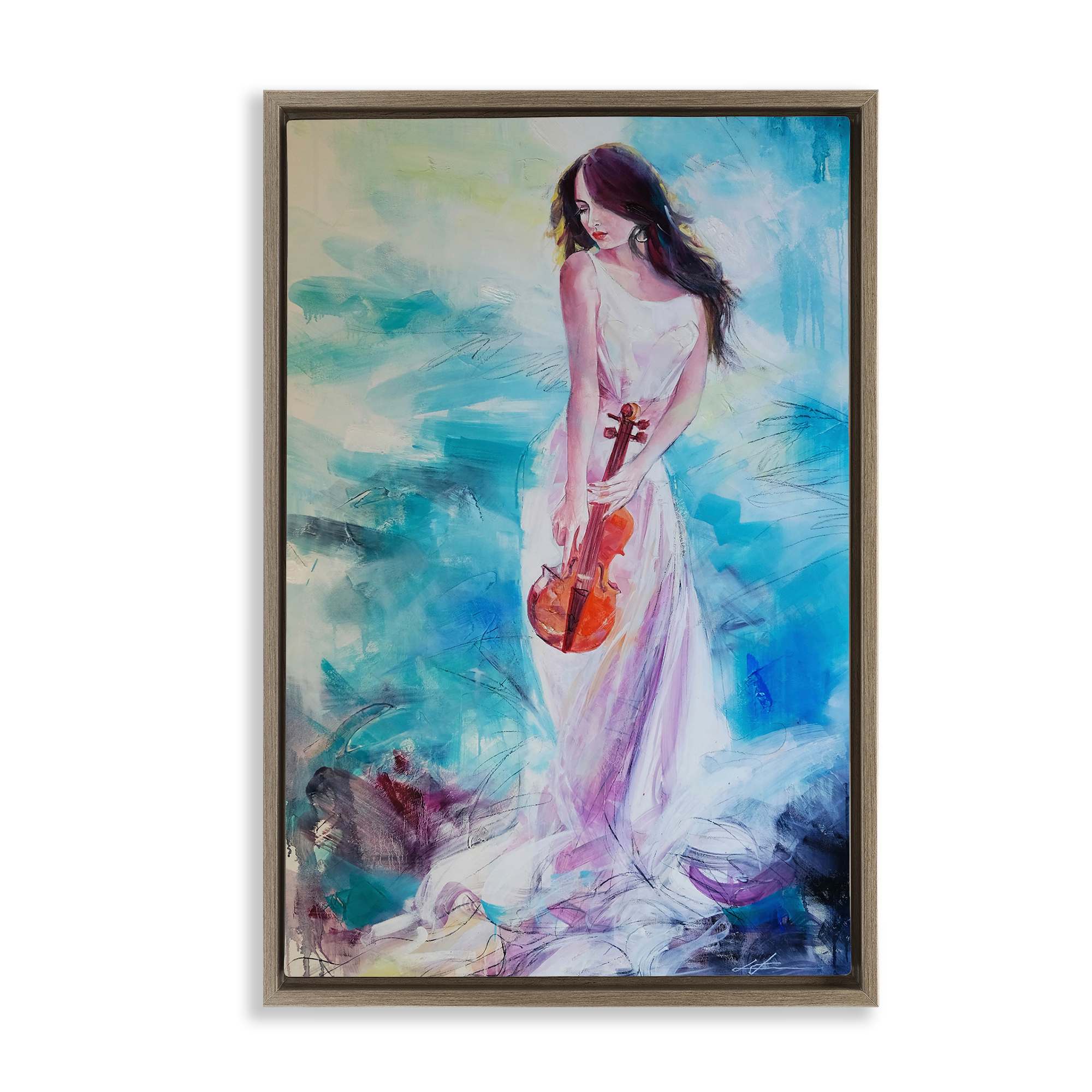 Stupell Industries BT-053-FFE-20X30 Elegant Woman with Violin Brown Framed Floater Canvas Wall Art By Lucille Lee 21 x 31