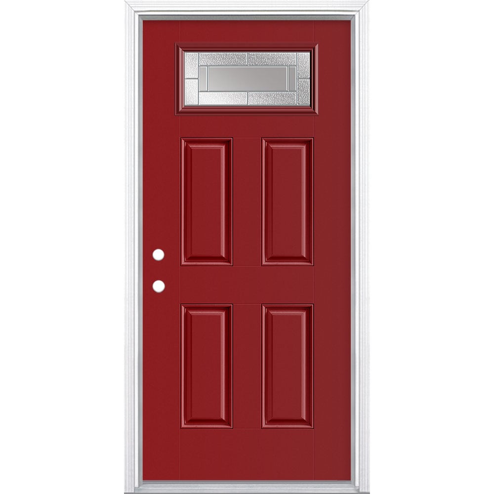Masonite 3420016 Focus 36-in x 80-in x 4-9/16-in Fiberglass 1/4 lite Right-hand inswing Roma Red Painted Prehung Front Door with Brickmould Insulating core