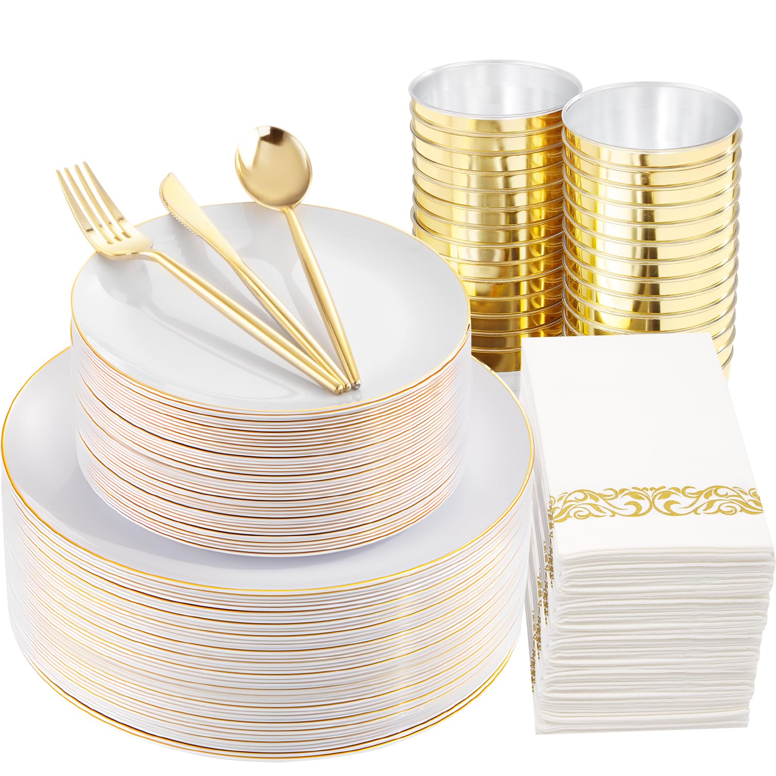Aoibox  210 Piece Gold Rimmed Disposable Plastic Dinnerware Set with 30 Dinner Plates 30 Dessert Plates 30