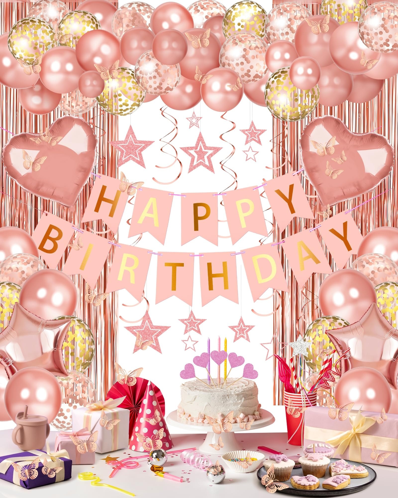 Anqtovp - Rose Gold Happy Birthday Decorations Kit for Girls Women with Banner Balloons Foil Cur...