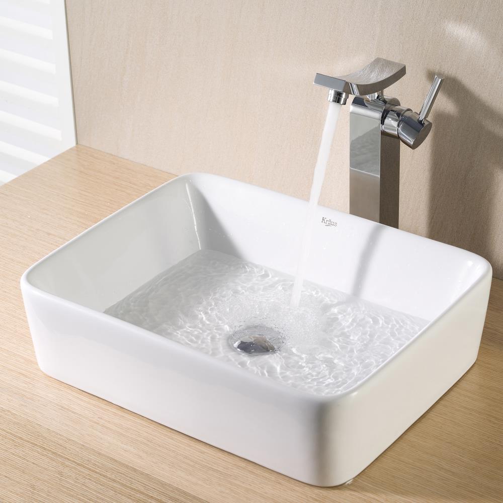 Kraus White Ceramic Vessel Rectangular Modern Bathroom Sink with Drain ...