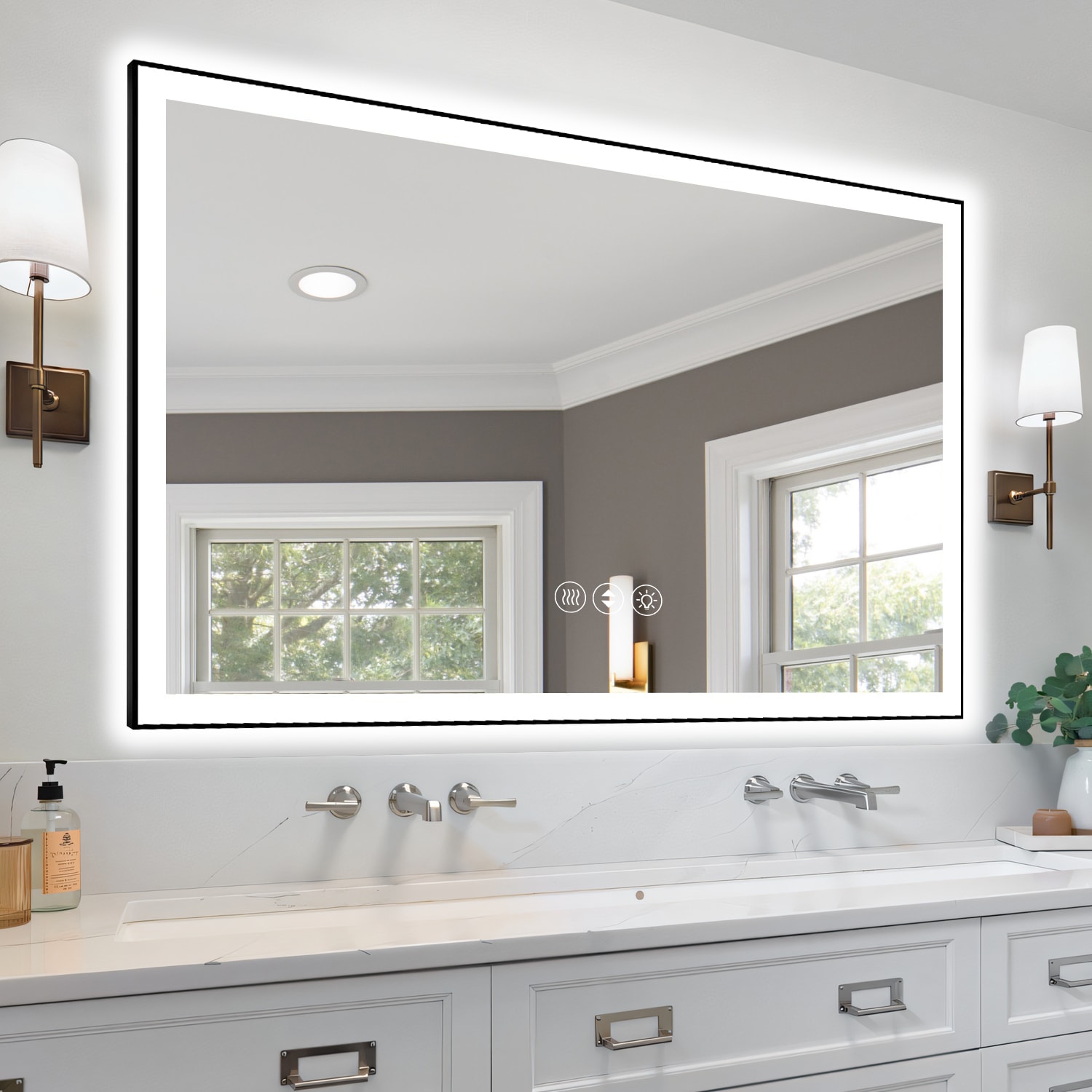 WELLFOR 60-in x 40-in Framed Rectangle Dimmable Lighted Fog Free Bathroom Vanity Mirror ( Black )