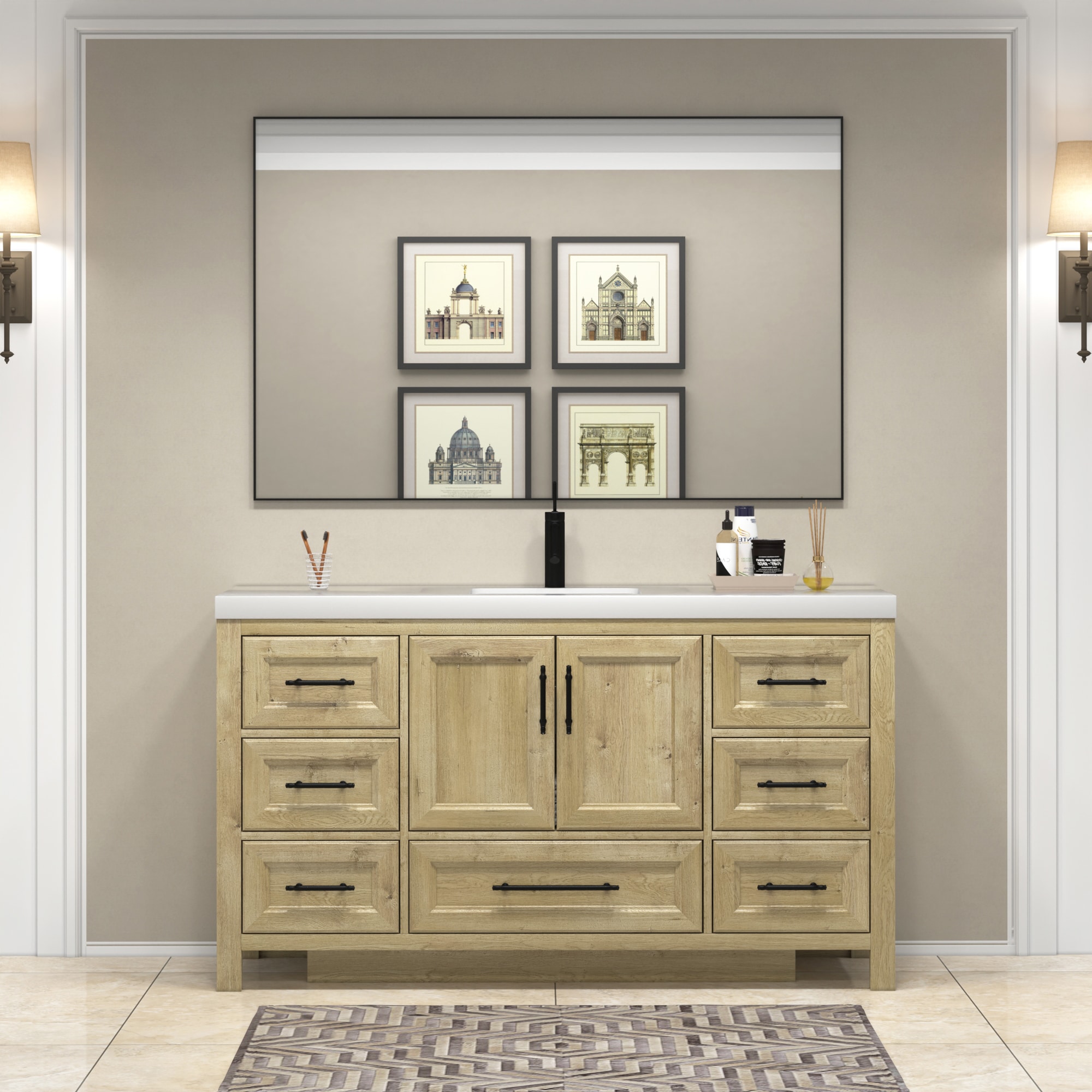 BV Better Vanity VIV60S-OAK VIV 60-in Teak Oak Undermount Single sink Bathroom Vanity with White Acrylic Top