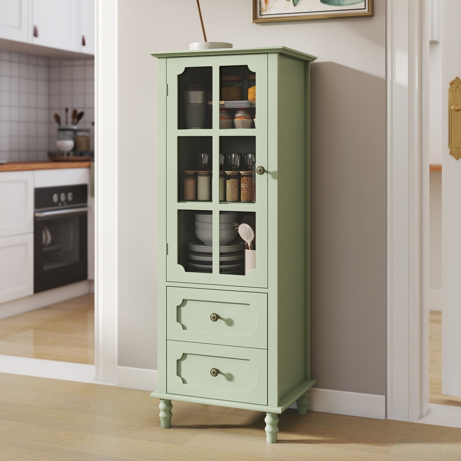 CHITA Traditional Solid Wood and Tempered Glass Sideboard Buffet Cabinet with Adjustable Shelves Glass Doors Mint Green