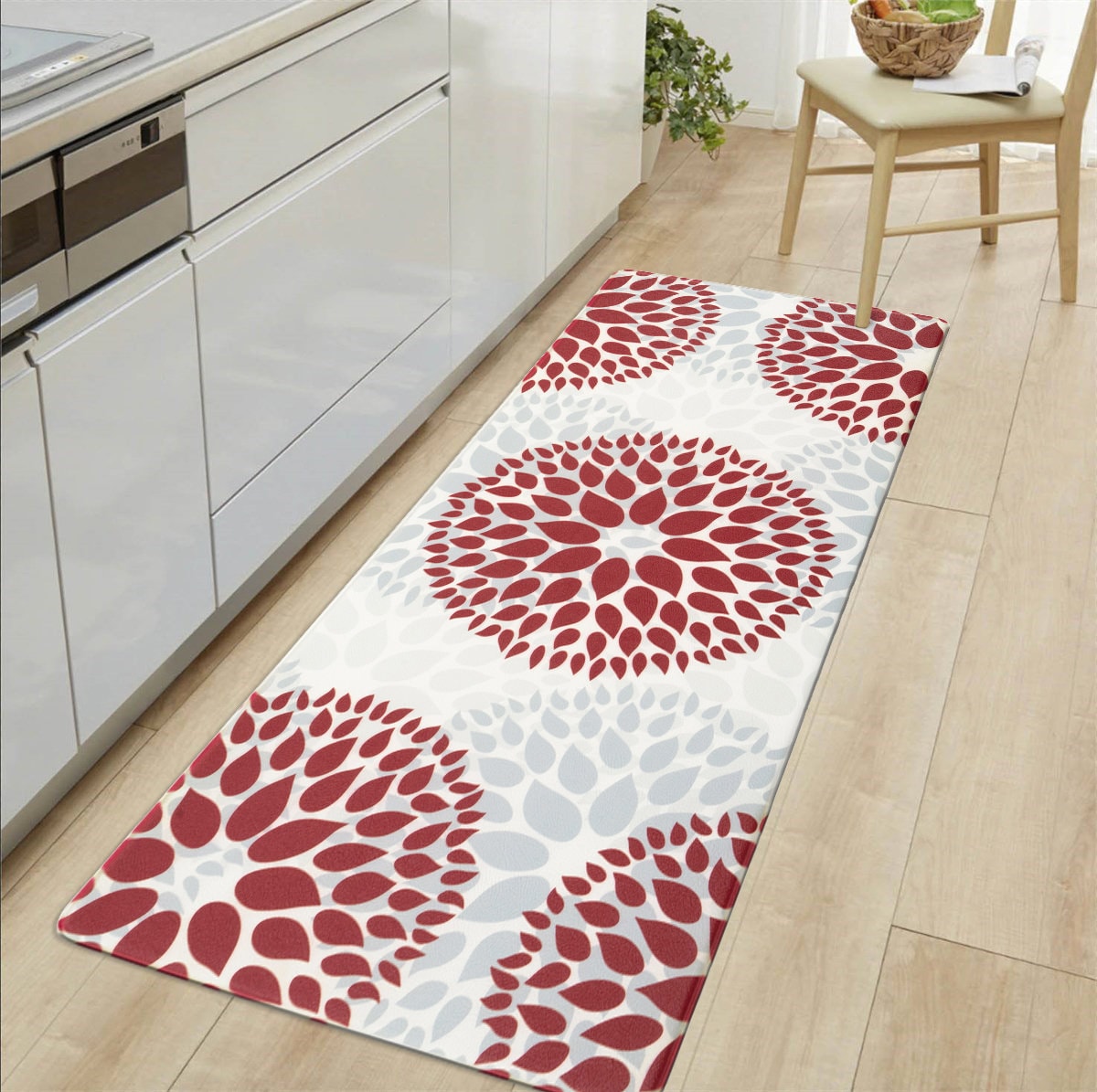 Red and White Modern Floral Anti-Fatigue Standing Mat 18" x 47"
