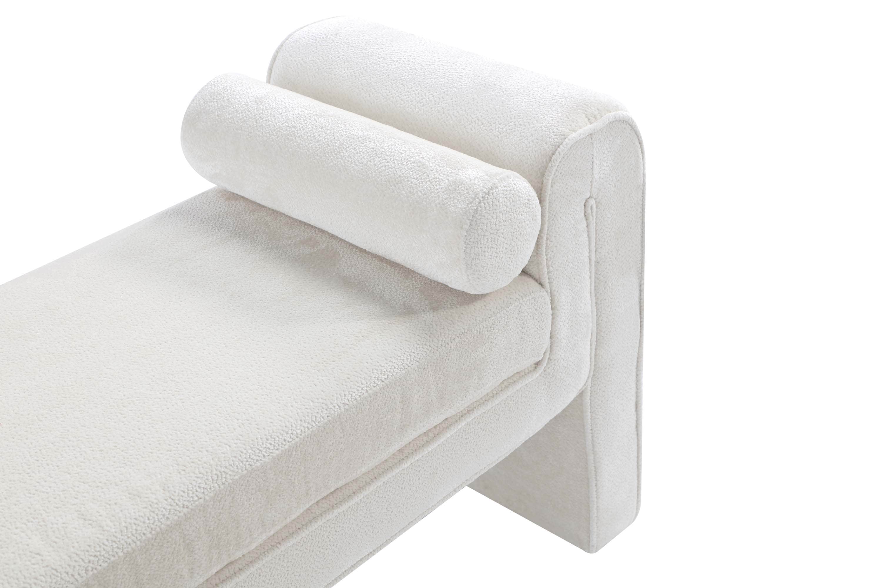 Ivory Chenille Upholstered Bench with Cylinder Pillows, 59"