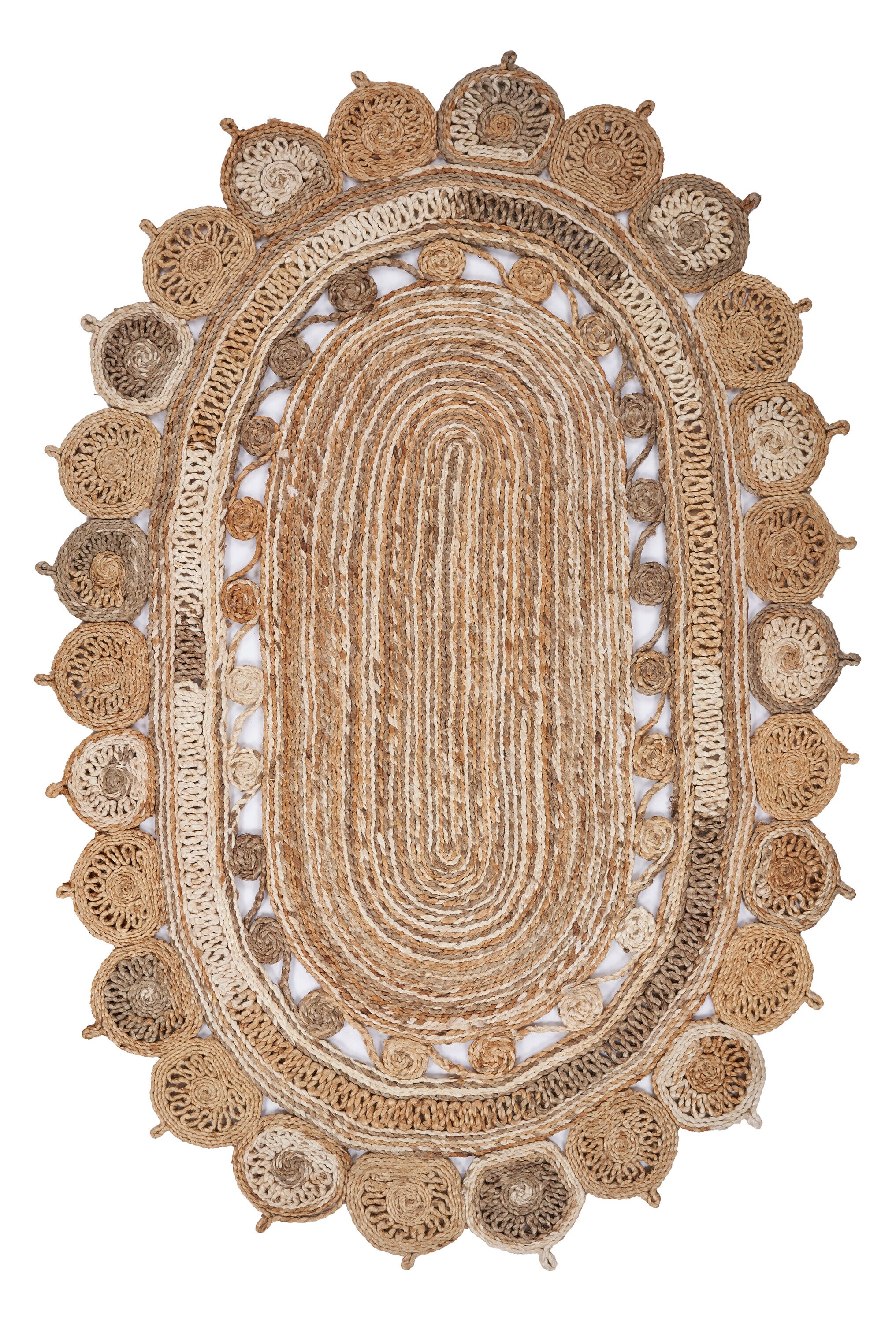 Handmade Braided Oval Beige and Gray Wool Rug