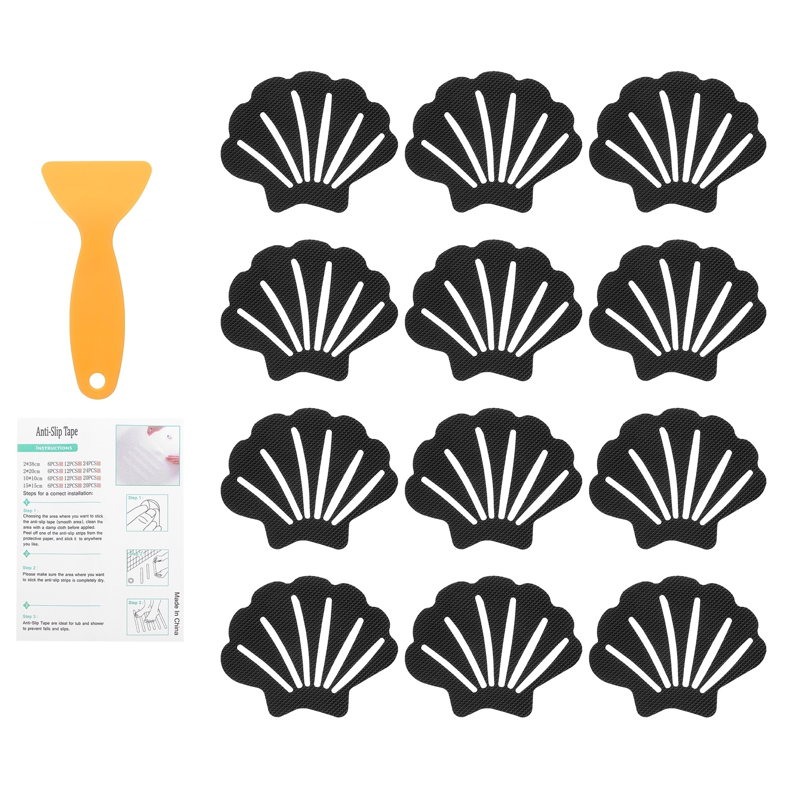 Unique Bargains 12pcs Non-Slip Bathtub Stickers 9x7 cm Shell Shape Shower Floor Non Slip Stickers with Scraper for Bathroom Shower Stairs Ladders Black #S26011400UX8698