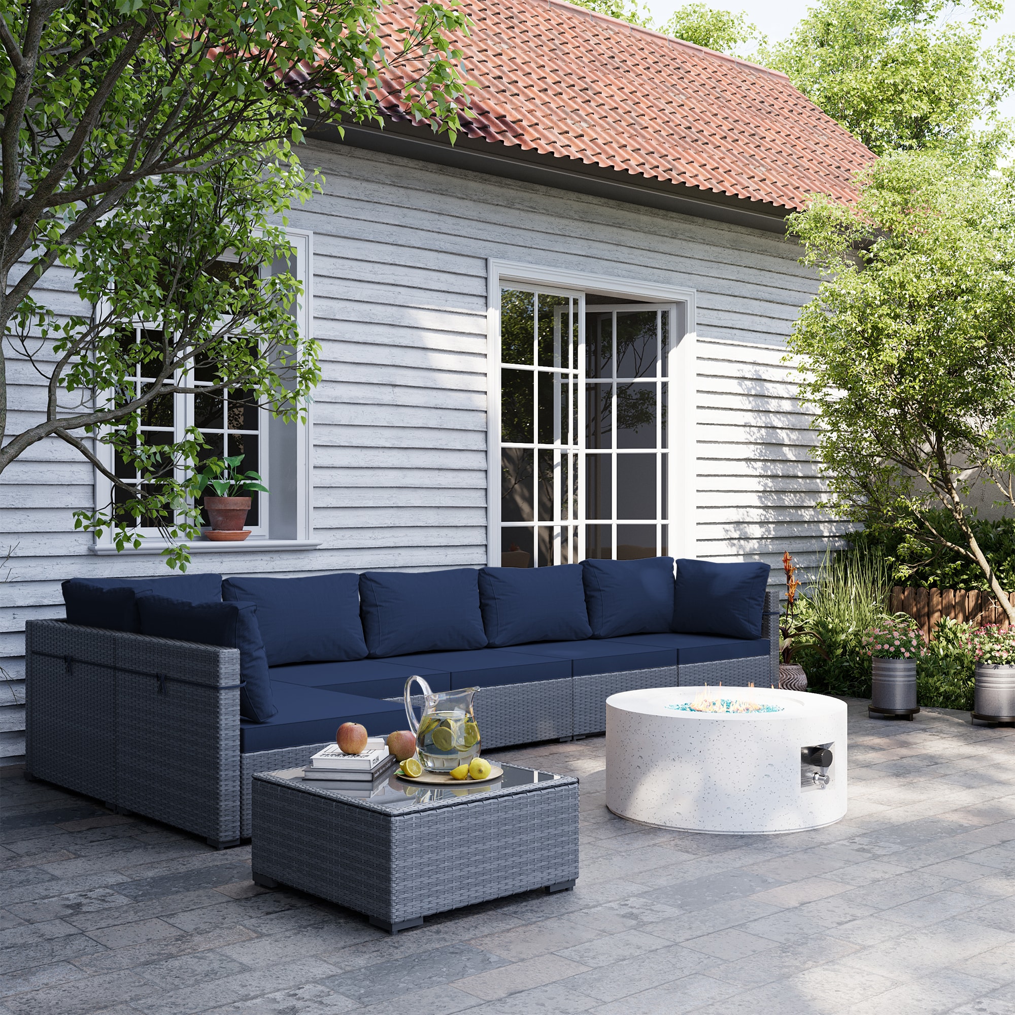 UPHA TBSF-ABC28SYMB-NAVY 8 -Piece Wicker Patio Conversation Set with Blue Cushions