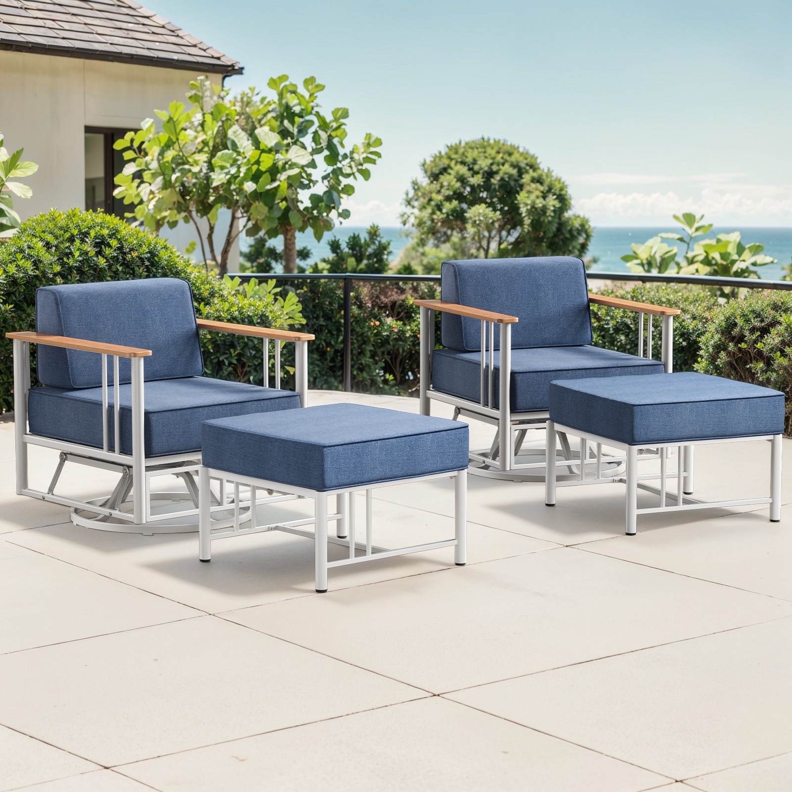 Pocassy PJACWH2040-1 Outdoor Conversation Set 4 -Piece Wicker Patio Conversation Set with Blue Cushions