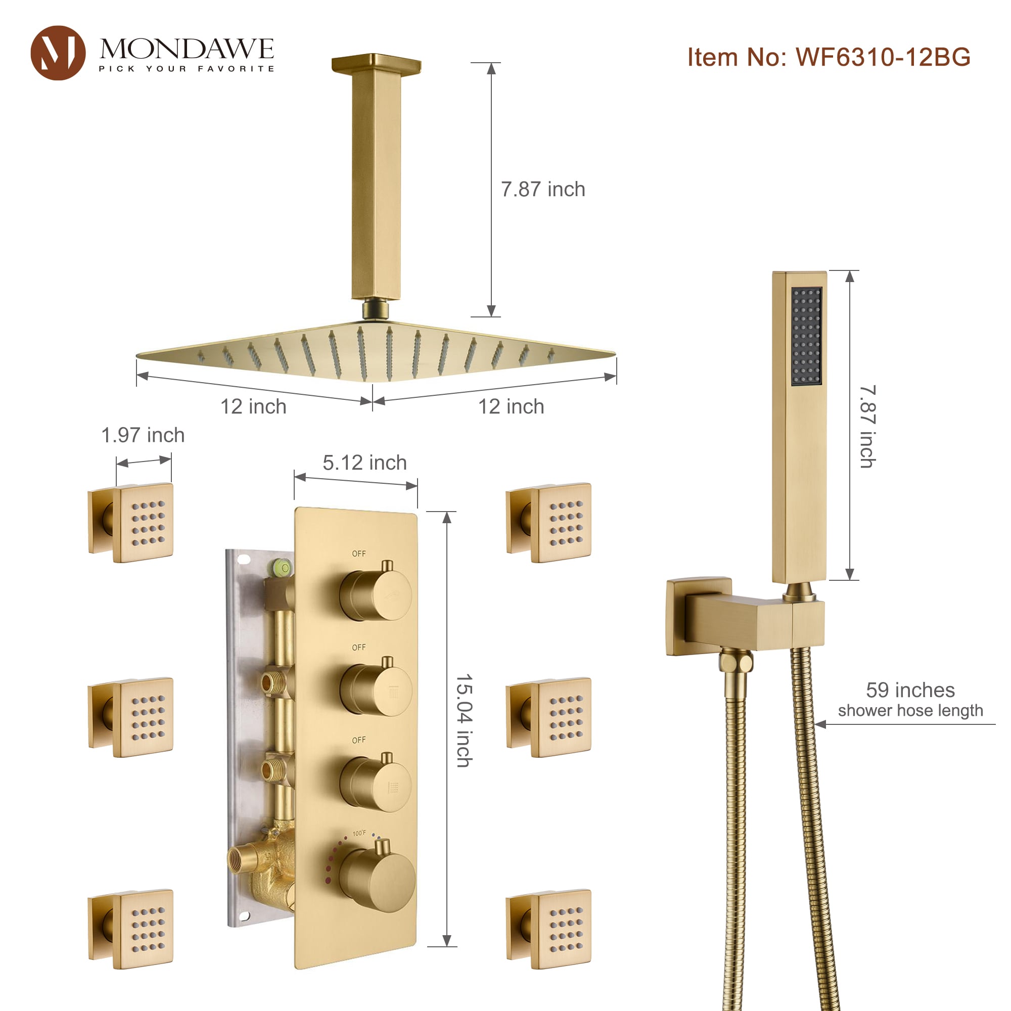 Brushed Gold 12" Stainless Steel Ceiling Mounted Shower System with 6 Body Jets