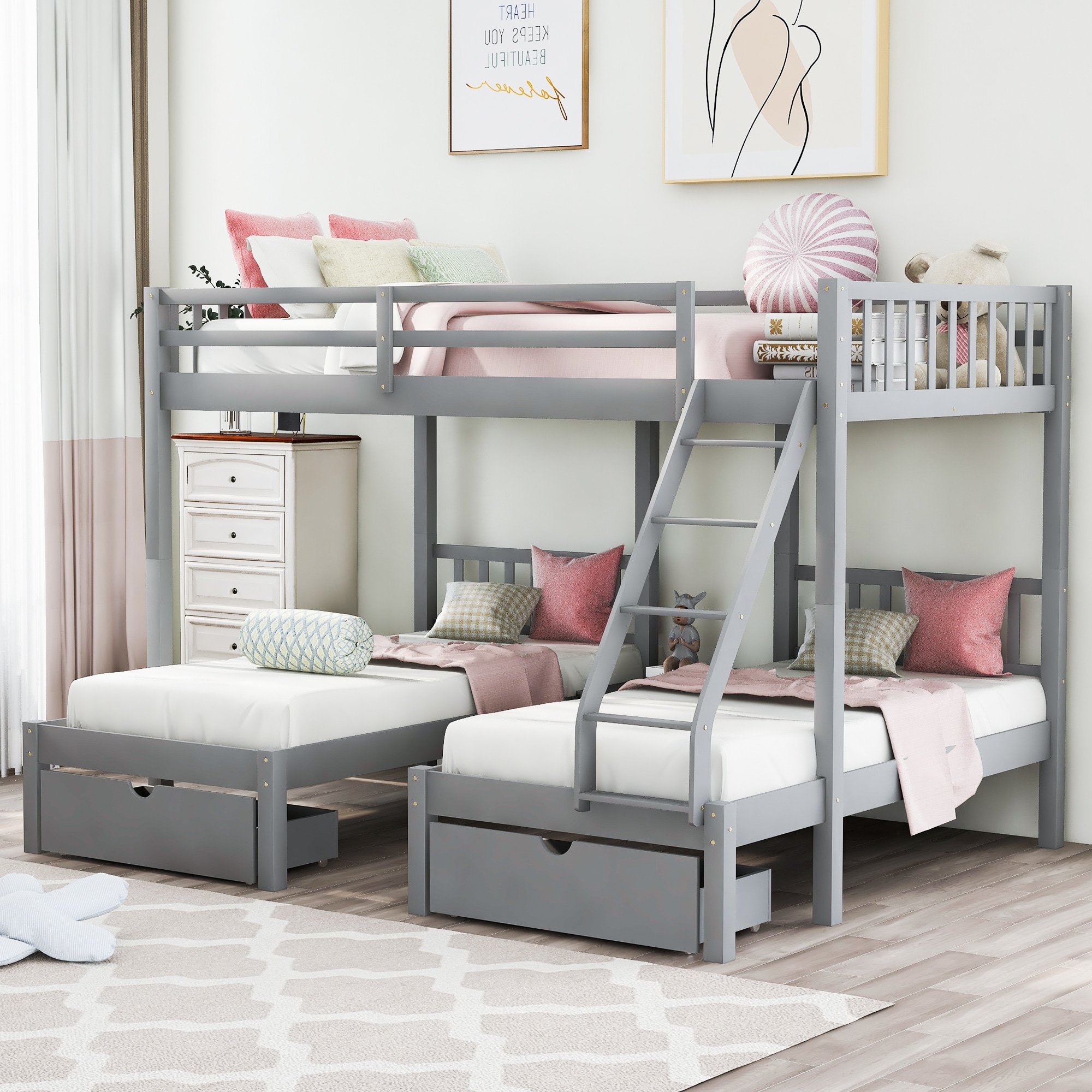 ModernLuxe LT000343AAE Full Over Twin  Twin Bunk Bed Wood Triple Bunk Bed with Drawers and Guardrails Gray