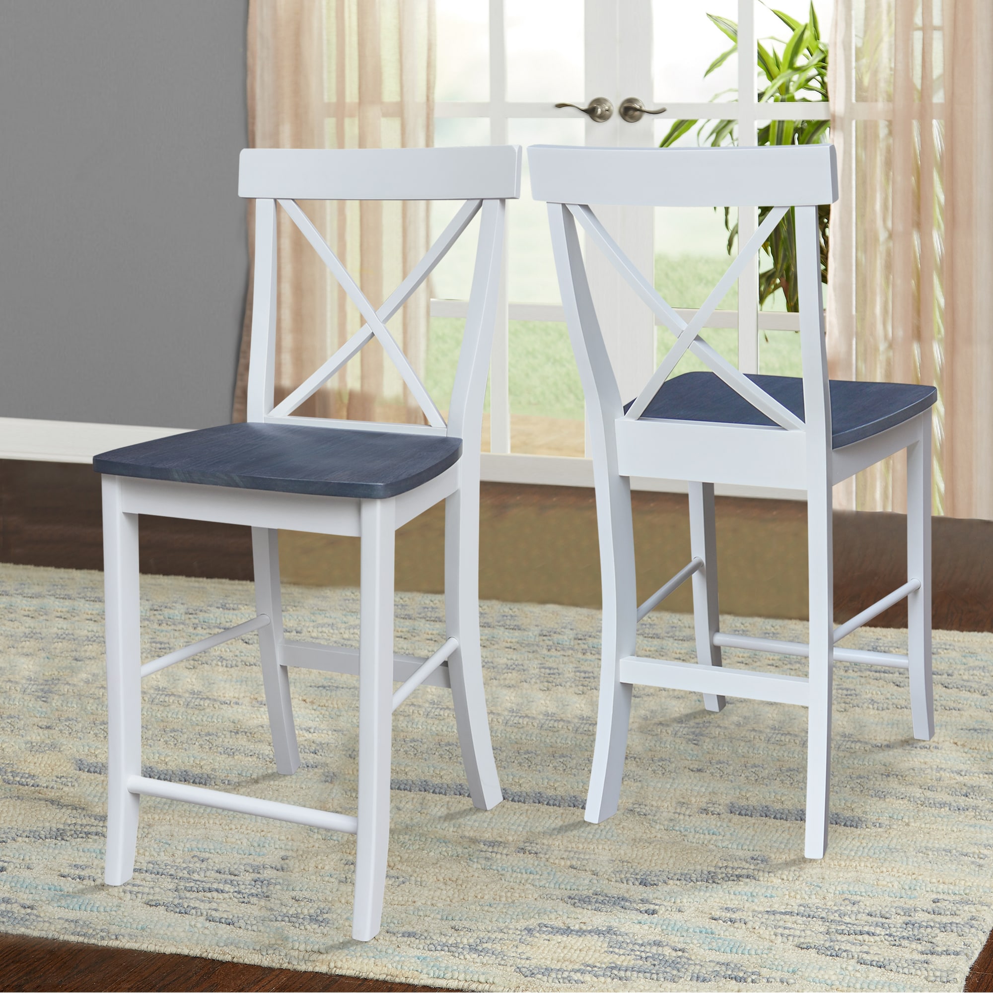 Elegant X-Back Solid Parawood Counter Stool, White and Heather Gray