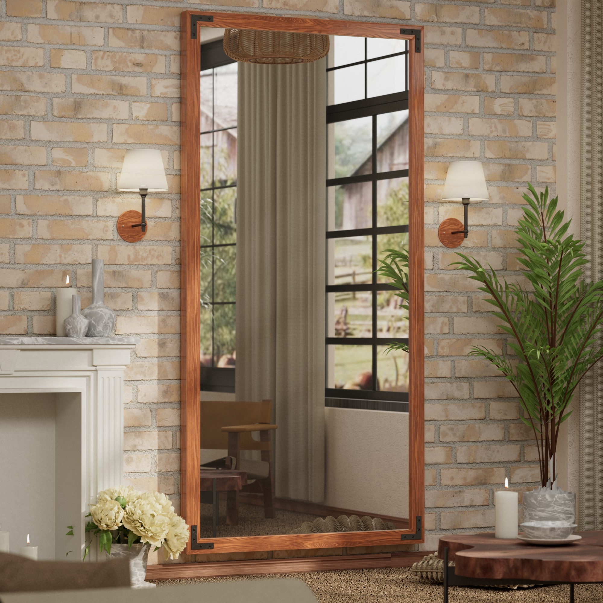 TETOTE 72 x 36 in Brown Pine Wood Framed Mirror Bathroom Wall Mirror