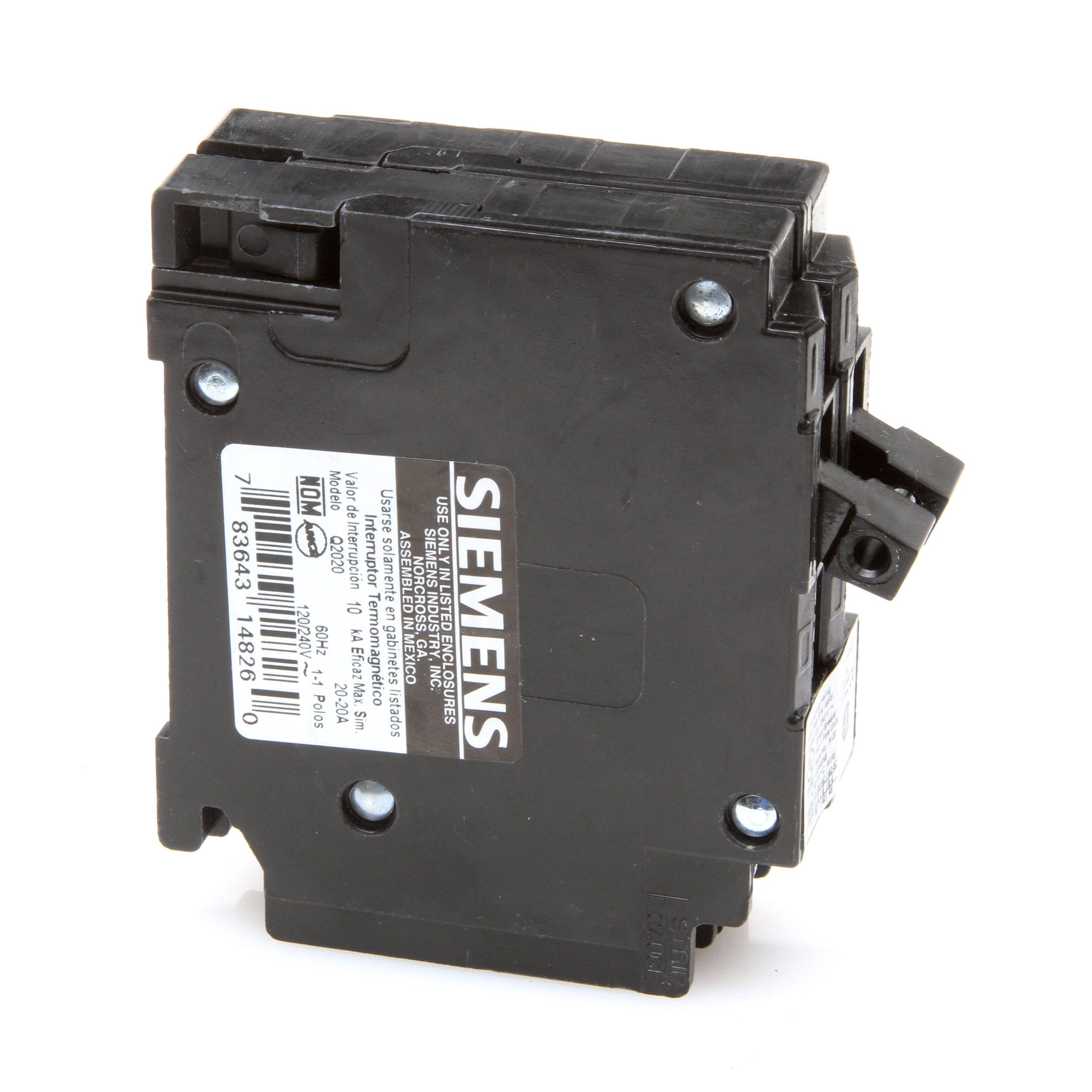 Siemens Q2020 Plug-In 20/20A 120/240V Tandem/1-Pole Circuit Breaker 3.5 H in. 