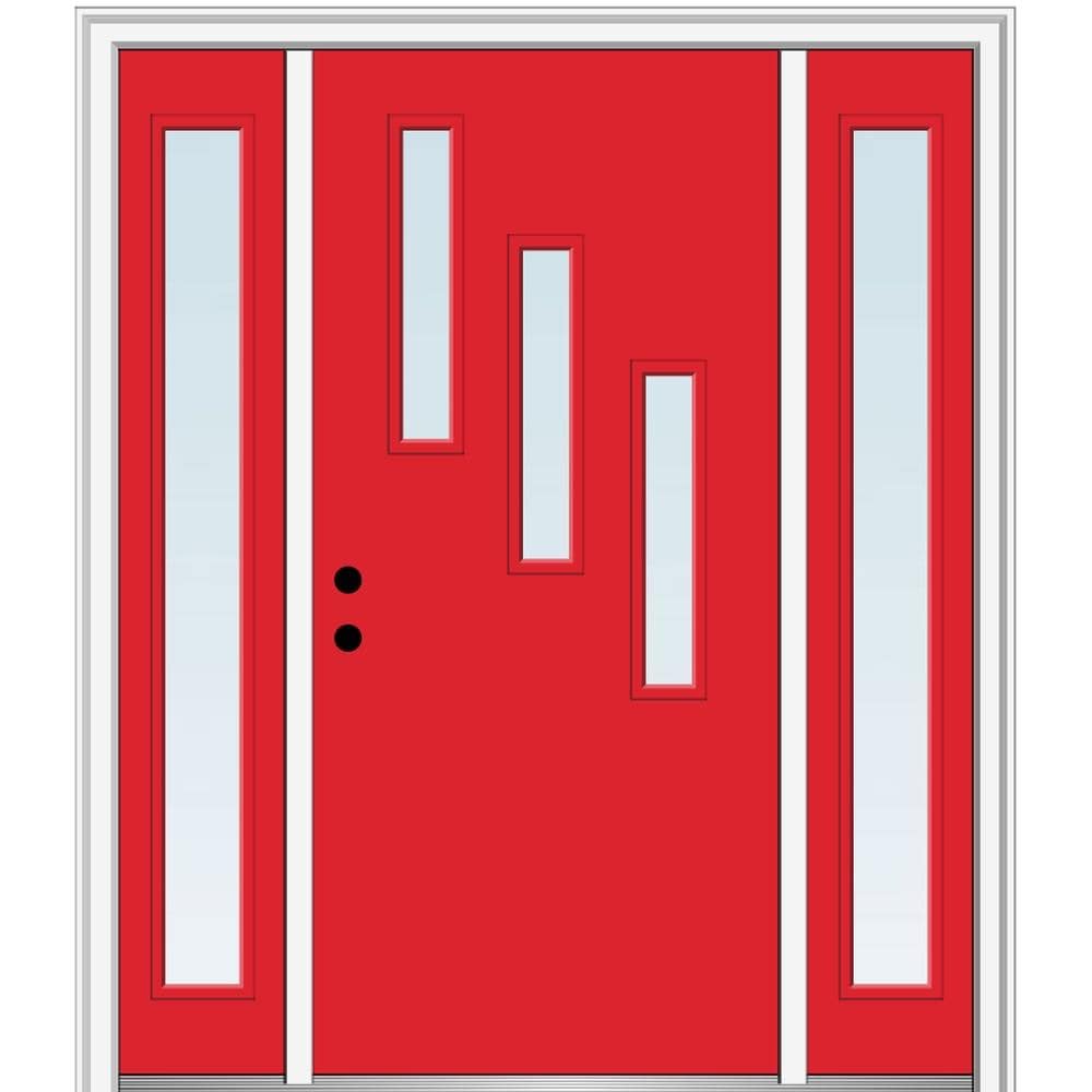 MMI DOOR ZZ346782R Spotlights 60-in x 80-in x 4-9/16-in Fiberglass Pulse lite Right-hand inswing Red Saffron Painted Prehung Front Door with Sidelights with Brickmould Insulating core