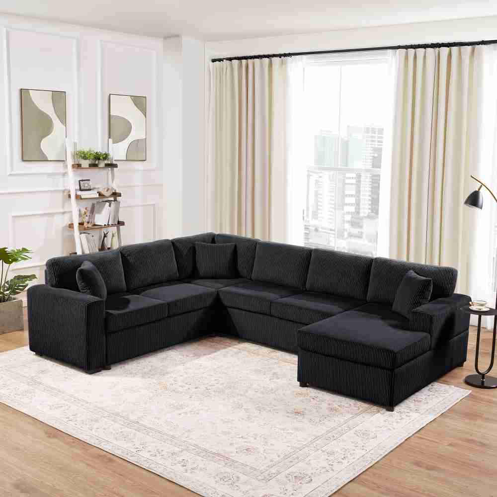 Coolbibila 115-in Sectional Sofa with Chaise Lounge Black Corduroy Sofa with Cushions and Pillows