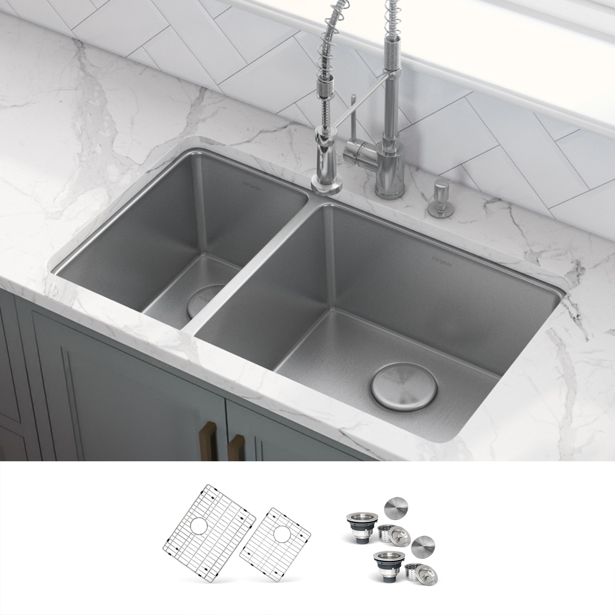 Ruvati RVM5307 Modena Undermount 31.5-in x 18-in Stainless steel Double offset bowl 16 -Gauge Kitchen Sink