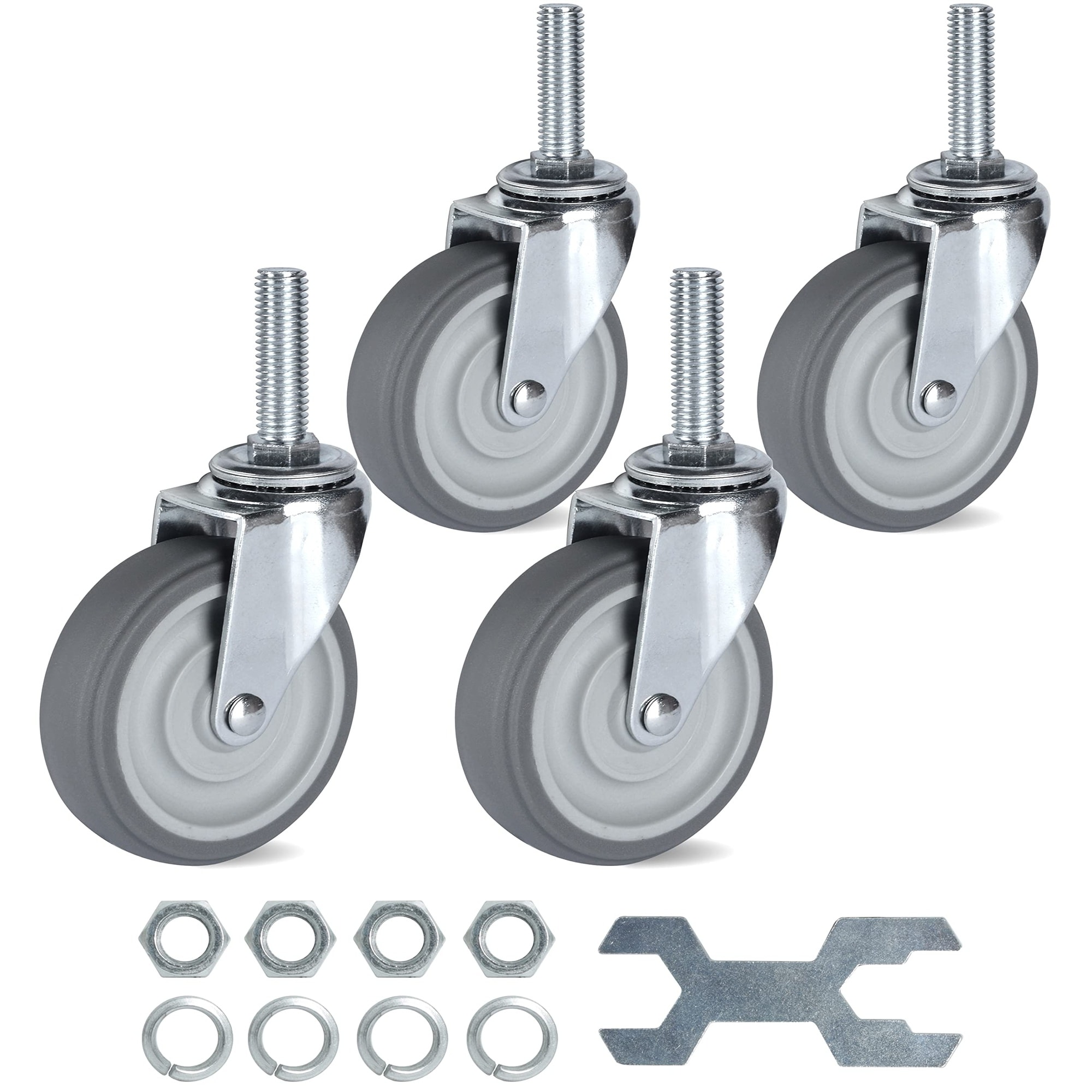 UUDULY  Caster Wheels Set of 4 Heavy Duty Swivel Rubber Wheels for Wire Shelving Furniture Carts Load 720 lbs Gray Threaded Stem Half Inch