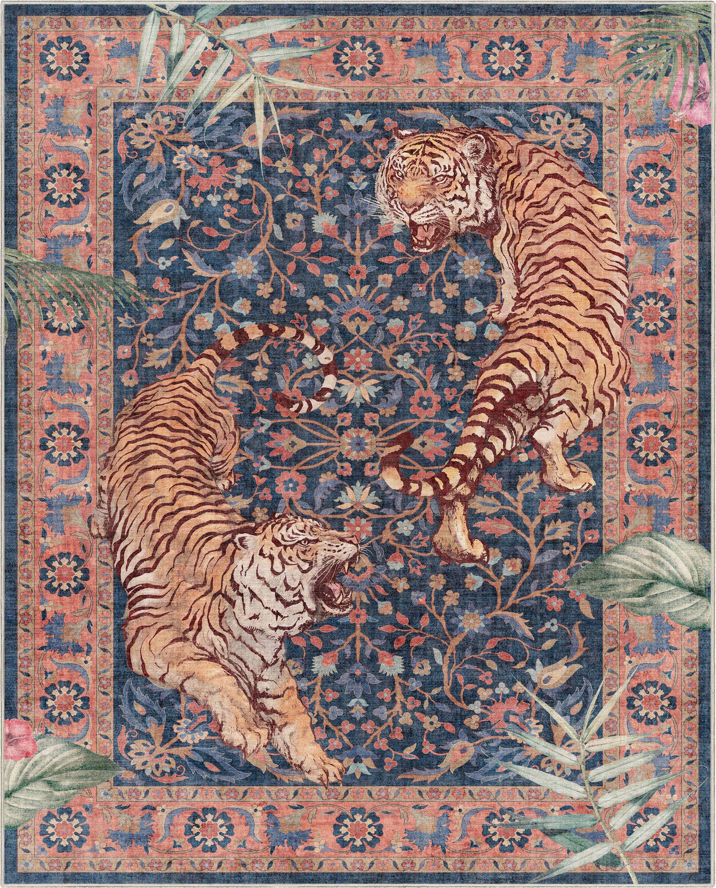 Apollo Botanical Tiger Print Navy Synthetic Area Rug 5'3" x 7'3"