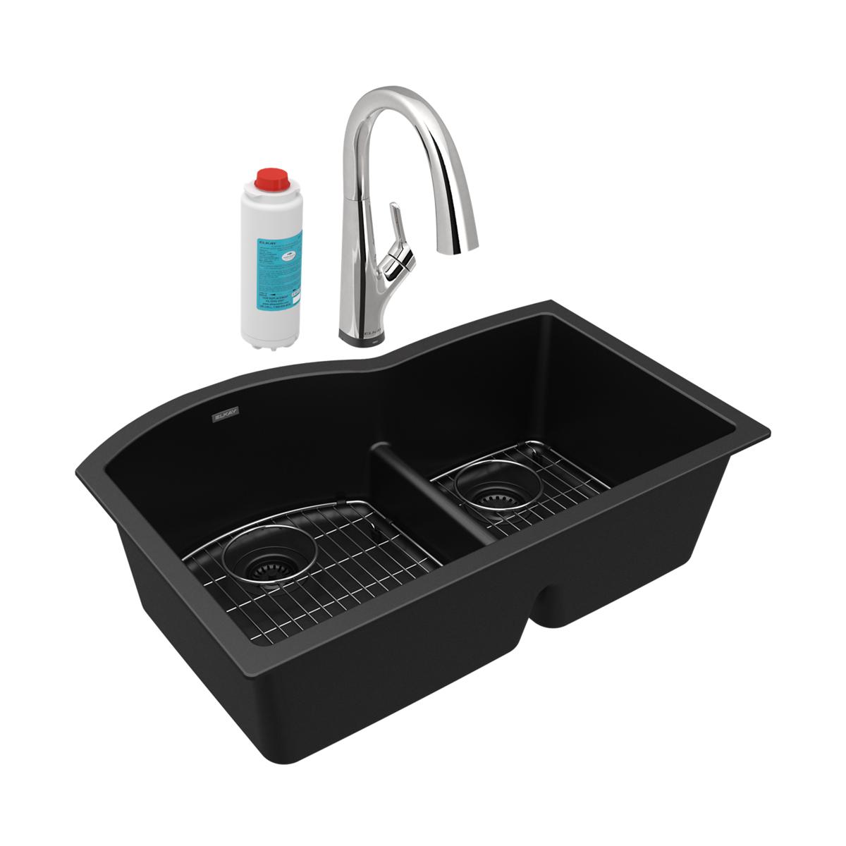 Elkay ELGHU3322RBKFLC Undermount 33-Inches x 22-Inches Quartz Double offset bowl Kitchen Sink All-in-One Kit
