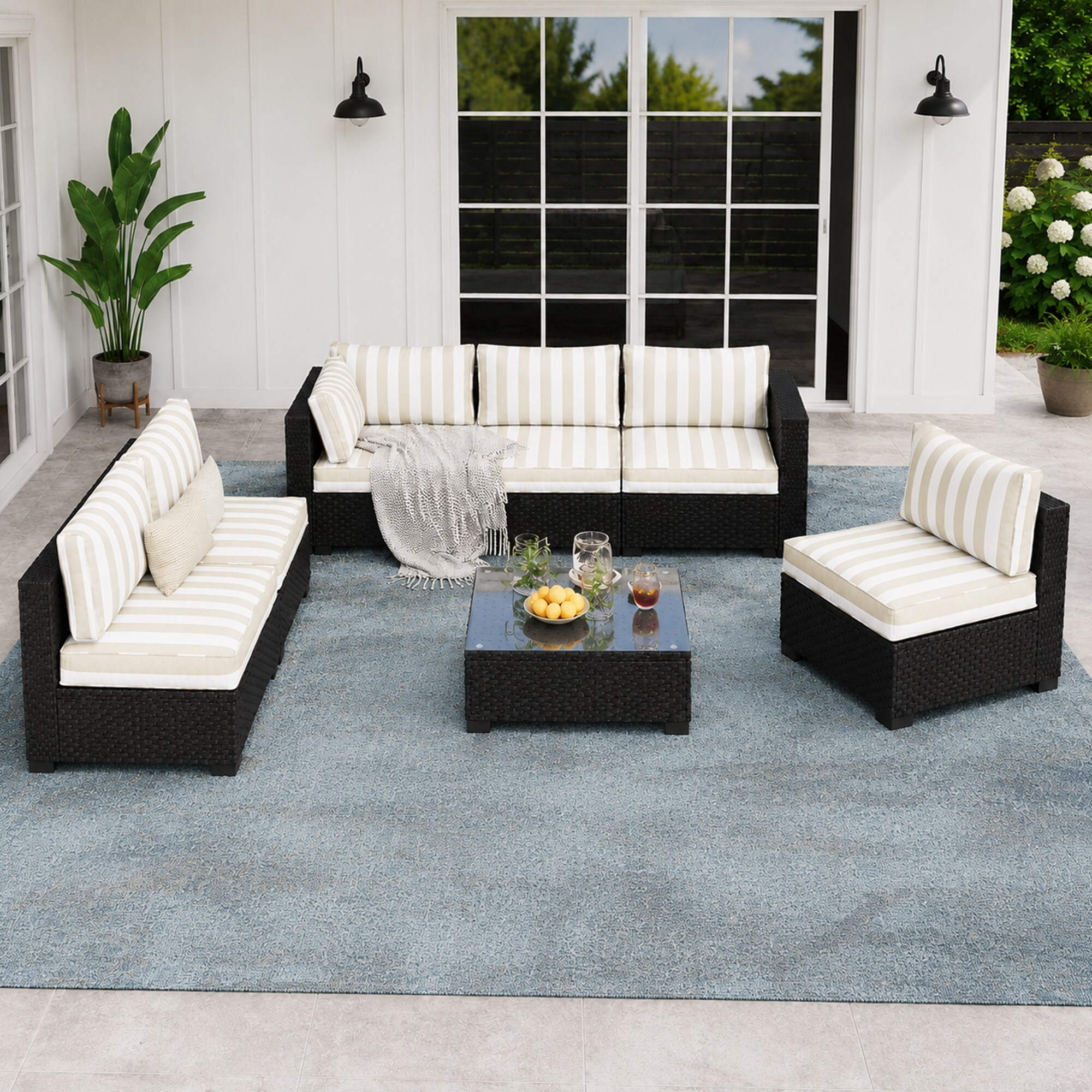 HYALON 9-Piece Wicker Outdoor Patio Conversation Sofa Seating Set with Coffee Table and Striped Brown Cushions and Sofa Cover