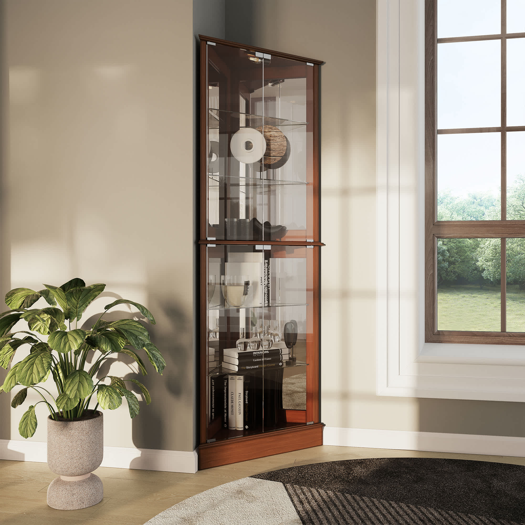 Belleze Lighted Corner Display Curio Cabinet Wooden Shelving with