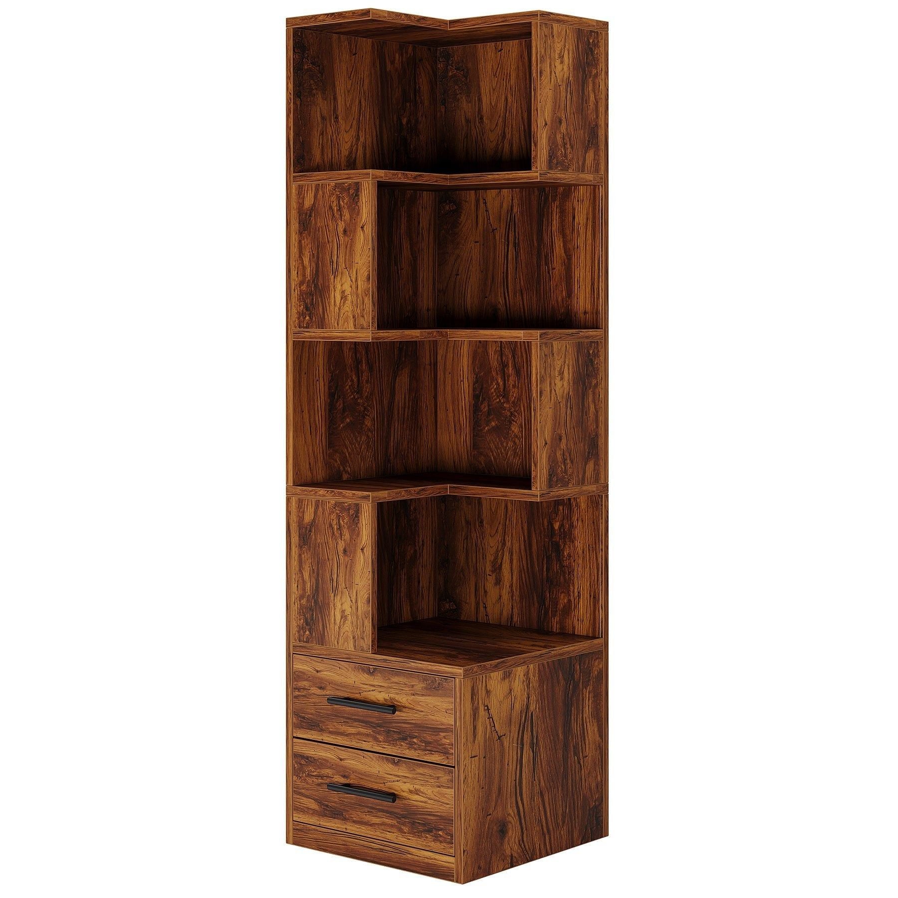 Slickblue Engineered Wood 5-Shelf Corner Bookcase with 2 Drawers for Living Room or Home Office Storage (19.69 inch W x 66.93 inch H x 19.69 inch D) Wood Finish Brown/White