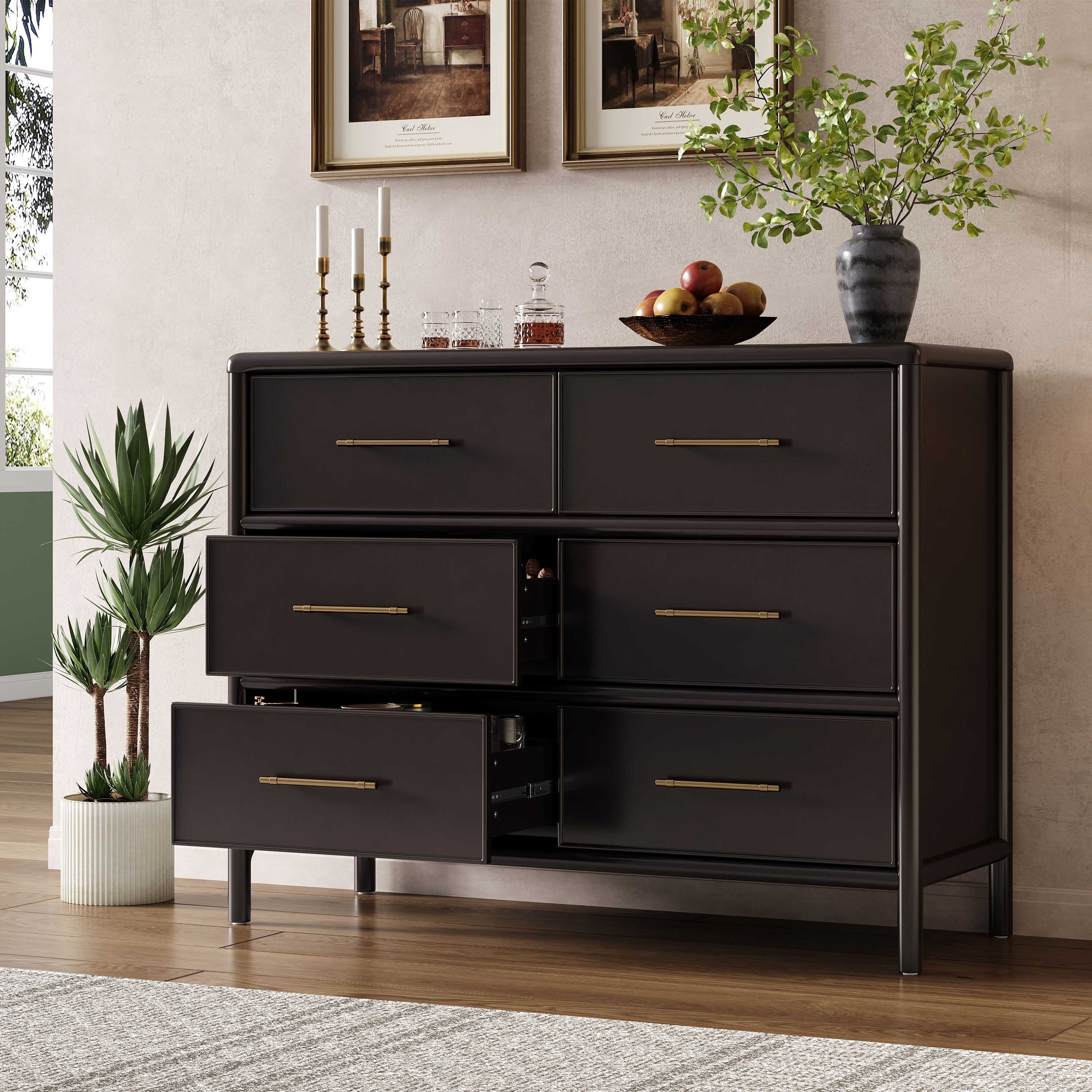 LUXEYARD Storage cabinet stylish style suitable for living room and dining room entrance large size 6 drawers dark brown
