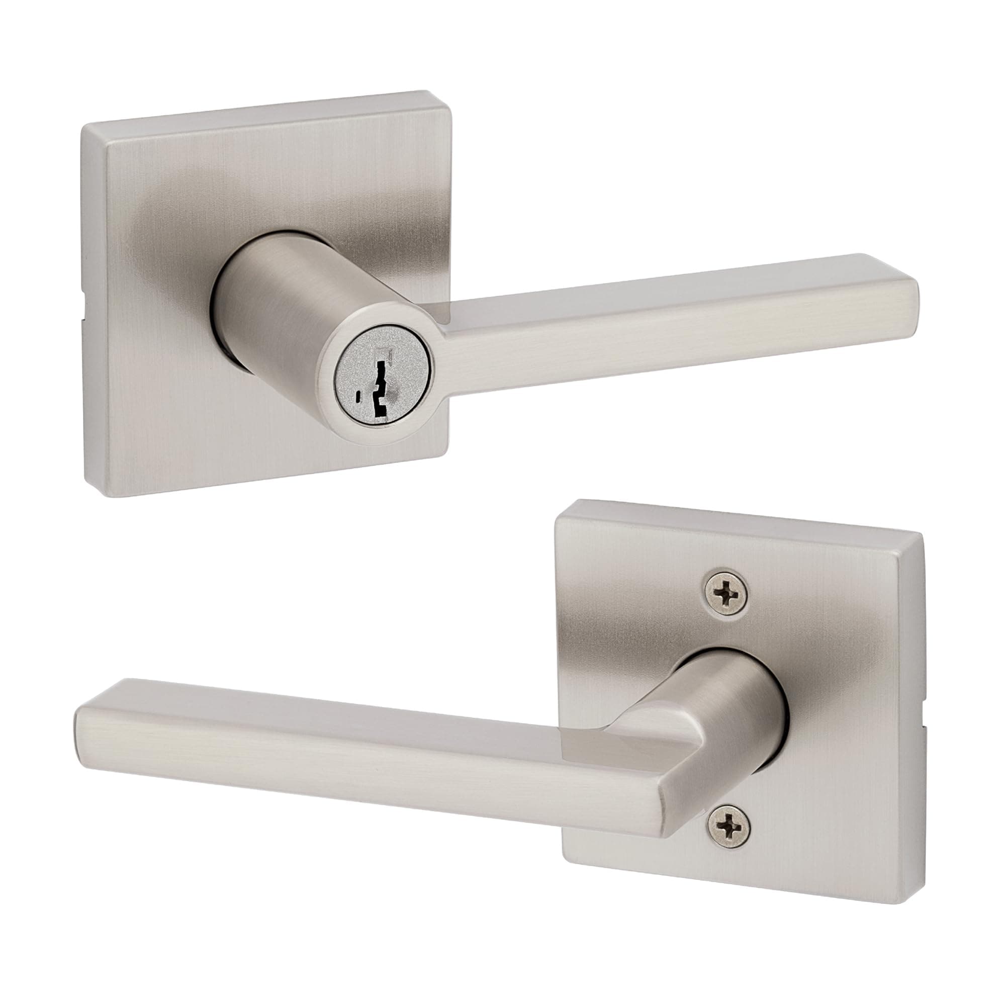 Kwikset  Halifax Keyed Storeroom Entry Door Handle with Lock and Key Secure Keyed Reversible Lever Exterior Front Entrance and Bedrooms Satin Nickel Pick Resistant SMT Rekey Security and Microban