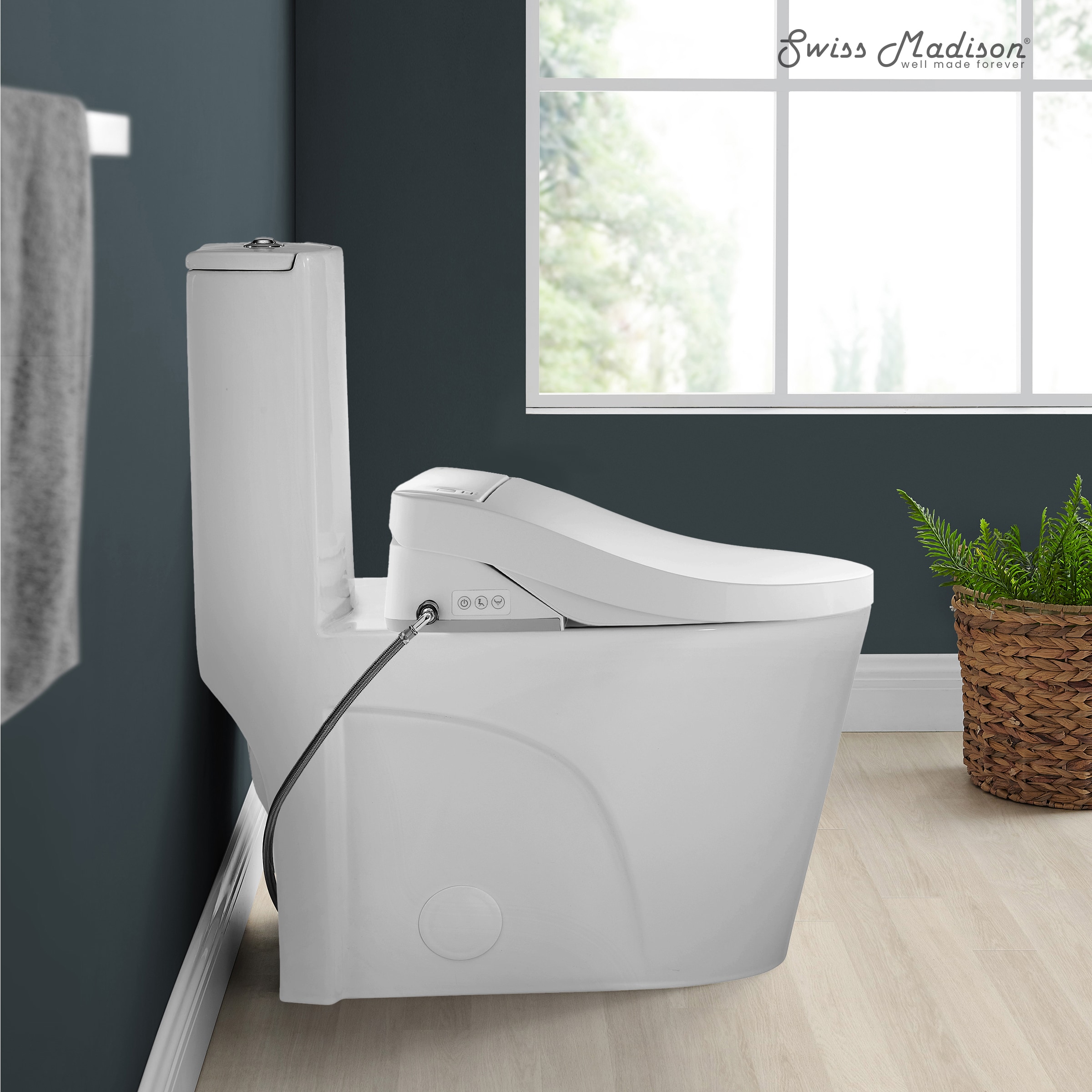 Swiss Madison - Glossy White Elongated Chair height 12-in Rough-In 1.6 GPF Dual Flush Soft Close ...