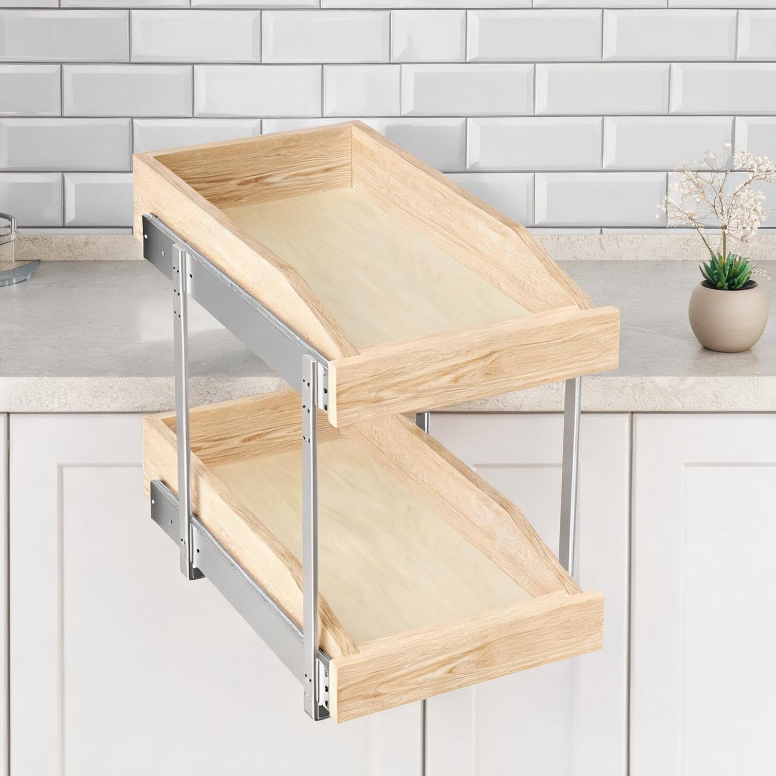 Watnature Double Tier Pull Out Cabinet Organizer Wood 10.5 W x 21 D Soft Close Kitchen Pantry