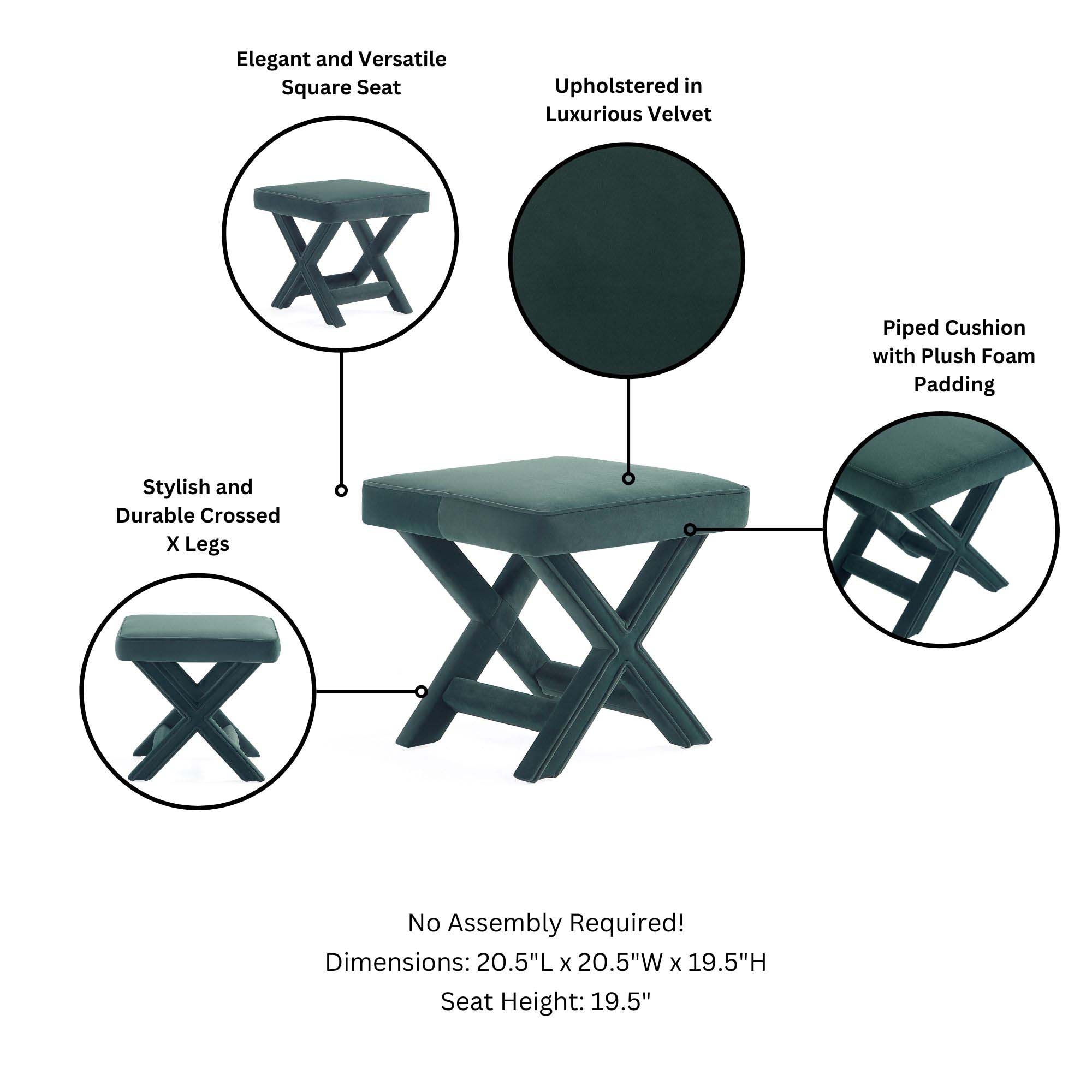 Green Velvet Upholstered Ottoman with X-Crossed Legs