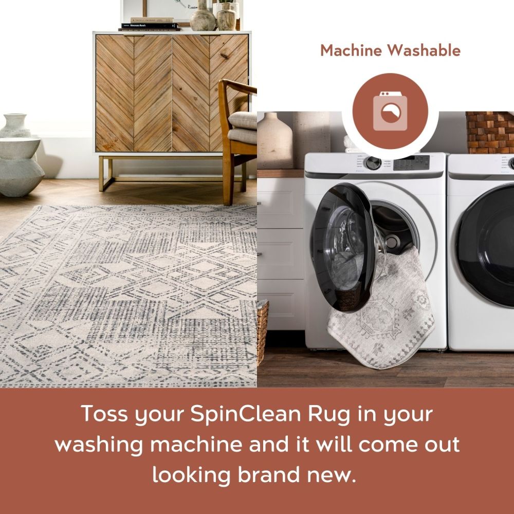 Gray and Ivory Synthetic Medallion 8' x 10' Washable Area Rug