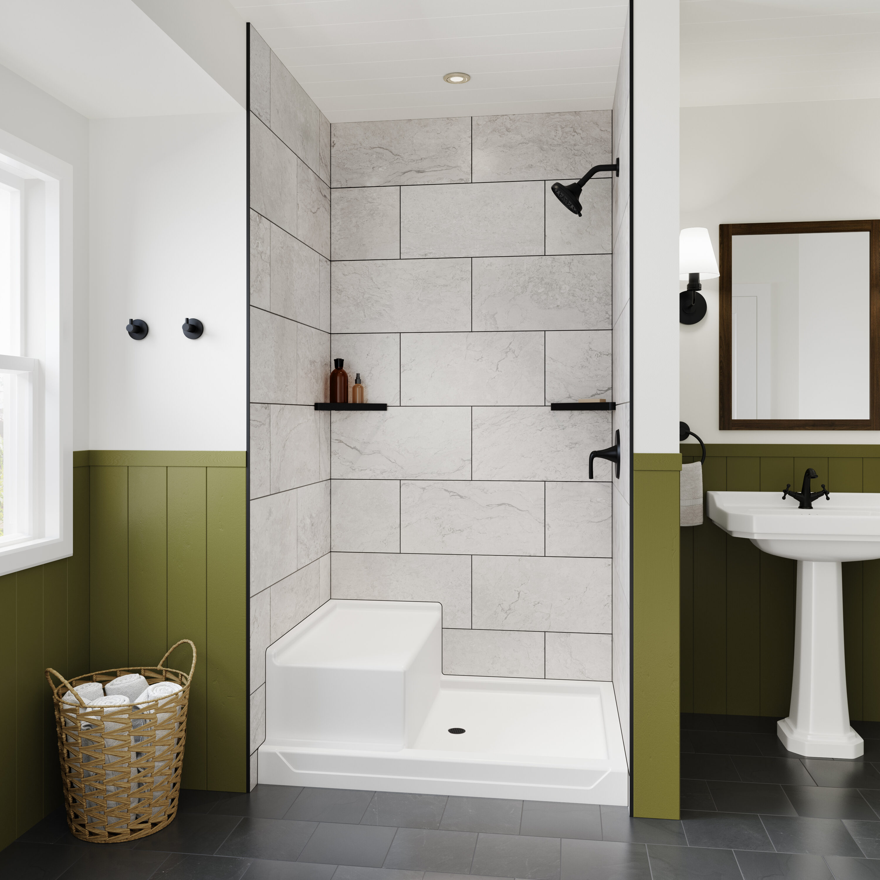 Laurel Mountain LM4836SB1SLWHTG Whitney Tiny House 36-in W x 48-in L White Single Threshold Rectangle Shower pan base with 5-in H Threshold (Center Drain) Integrated Seat