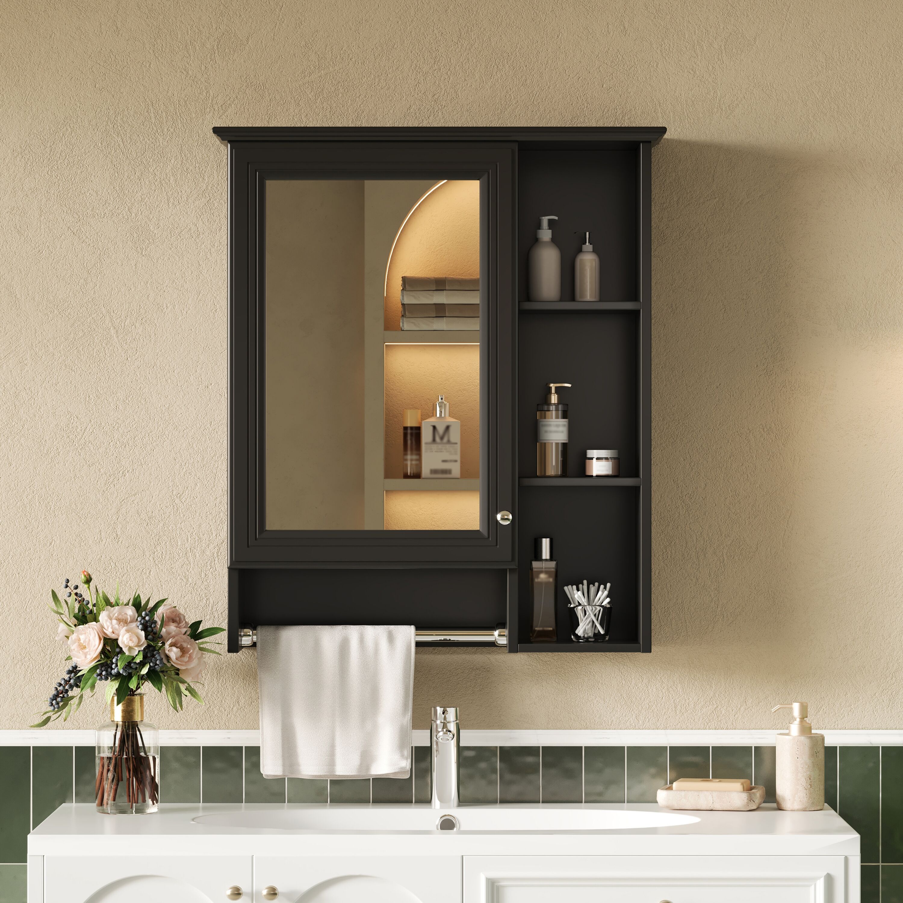 AAZJ - Bathroom Medicine Cabinet with Mirror 24-in x 28-in Surface Mount Black Mirrored Rectangle...