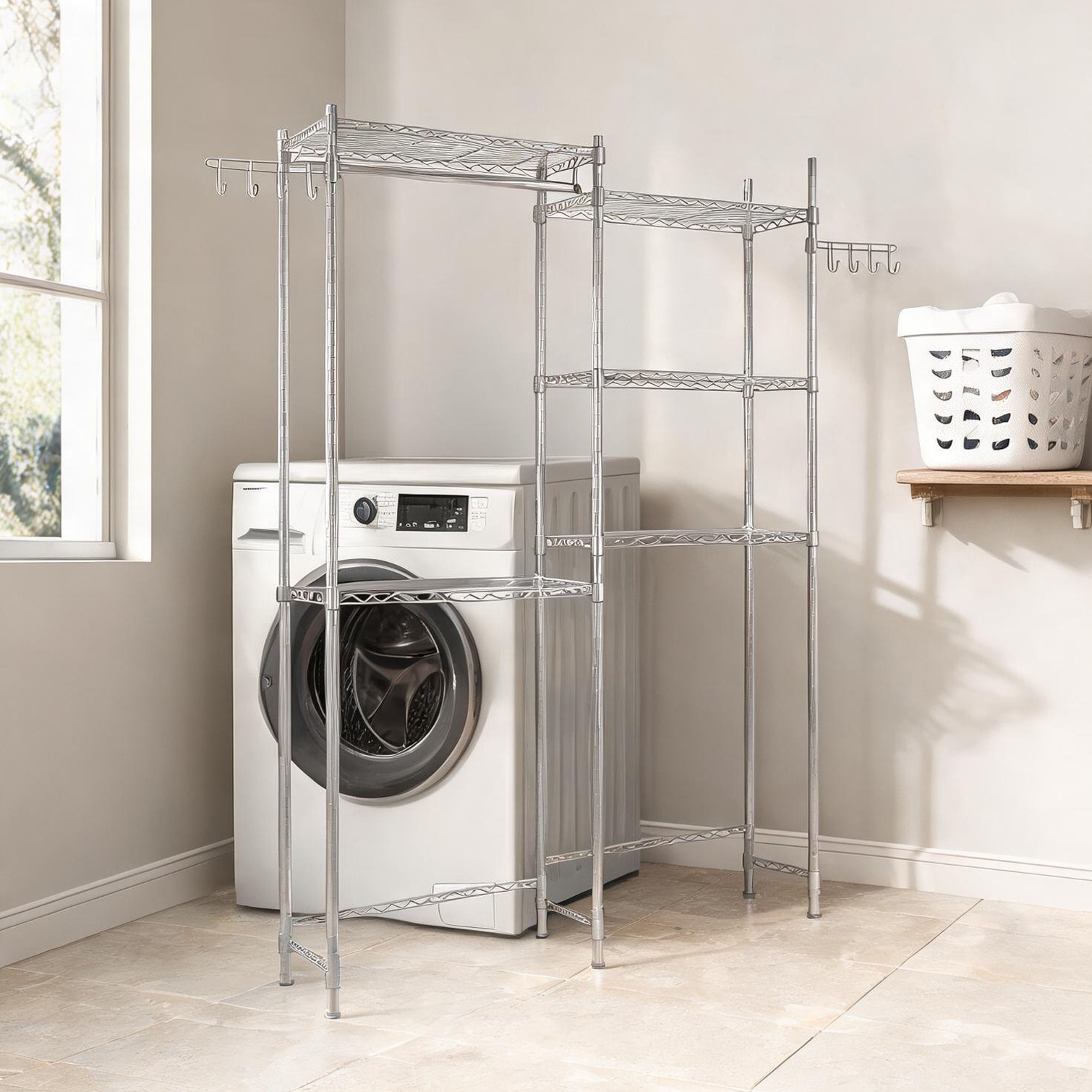 Watnature Clean white 5-tier over-washer dryer storage shelf with hanger rod and hooks carbon steel