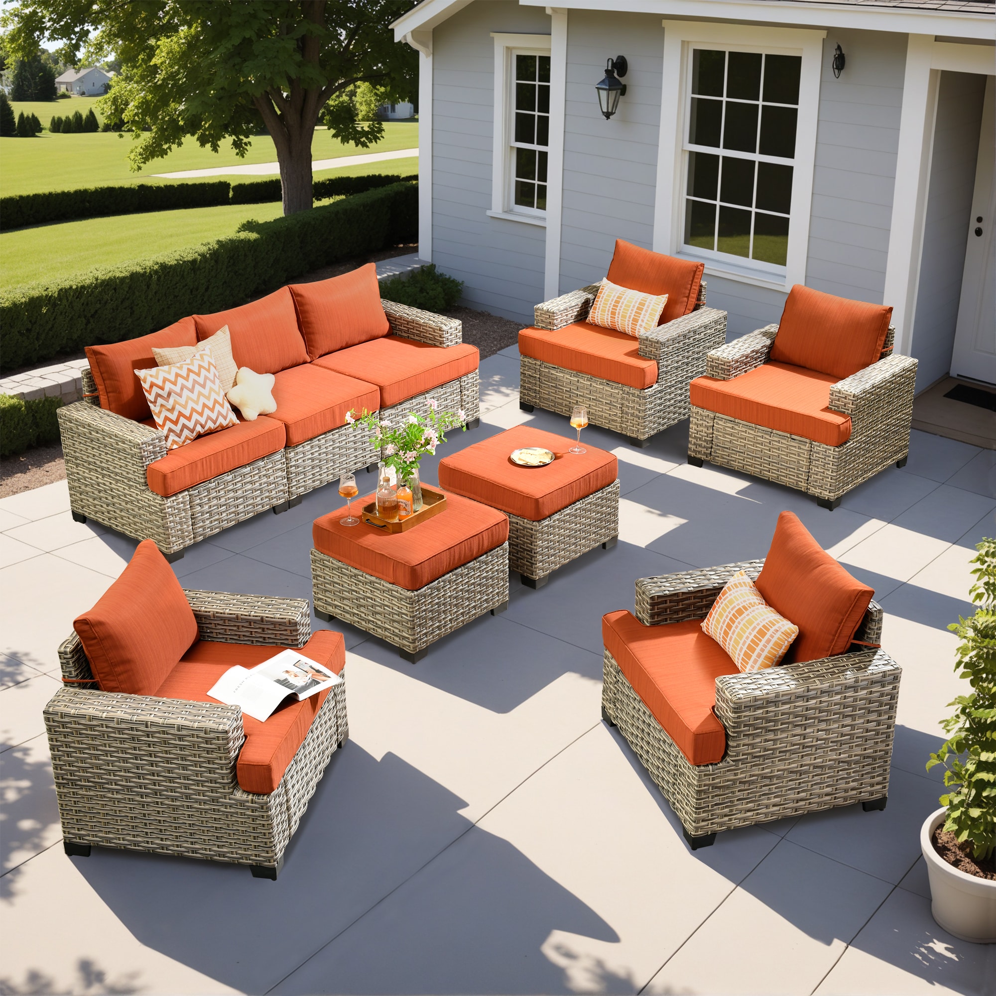 ALTRIGUS 6L-TBS809-AL 9 -Piece Wicker Patio Sofa Conversation Set with Orange Cushions