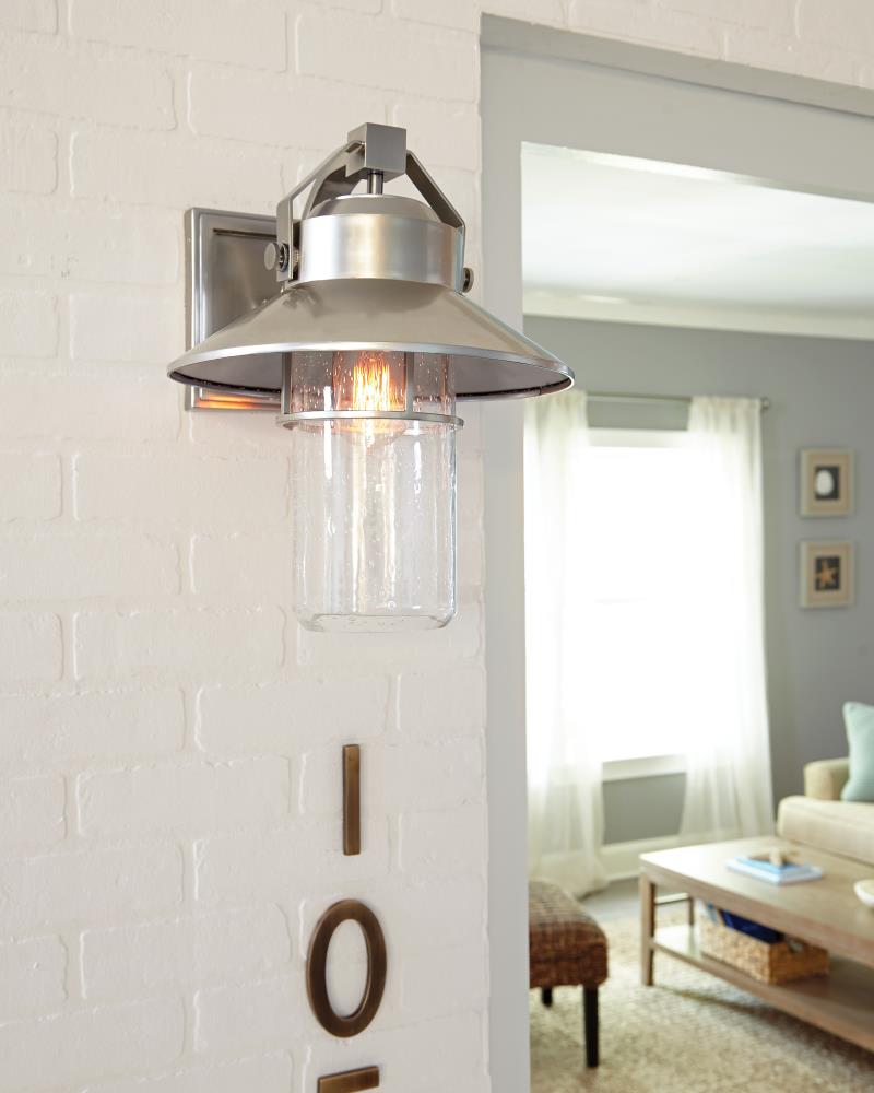 Large Brushed Steel Dimmable Lantern Sconce with Clear Seeded Glass