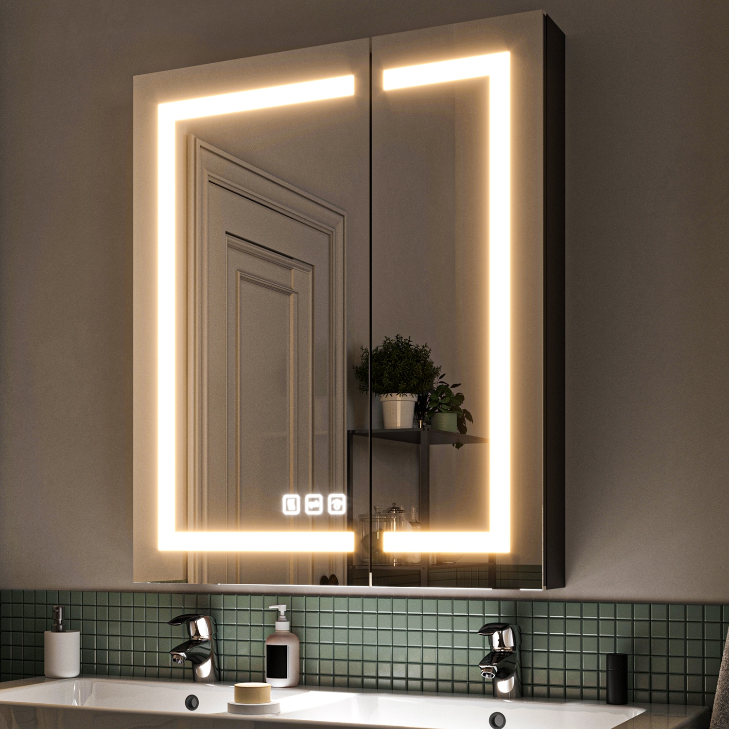 waterpar WPLO-2373 30-in x 36-in Lighted LED Fog Free Surface/Recessed Mount Black Mirrored Rectangle Soft Close Medicine Cabinet with Outlet