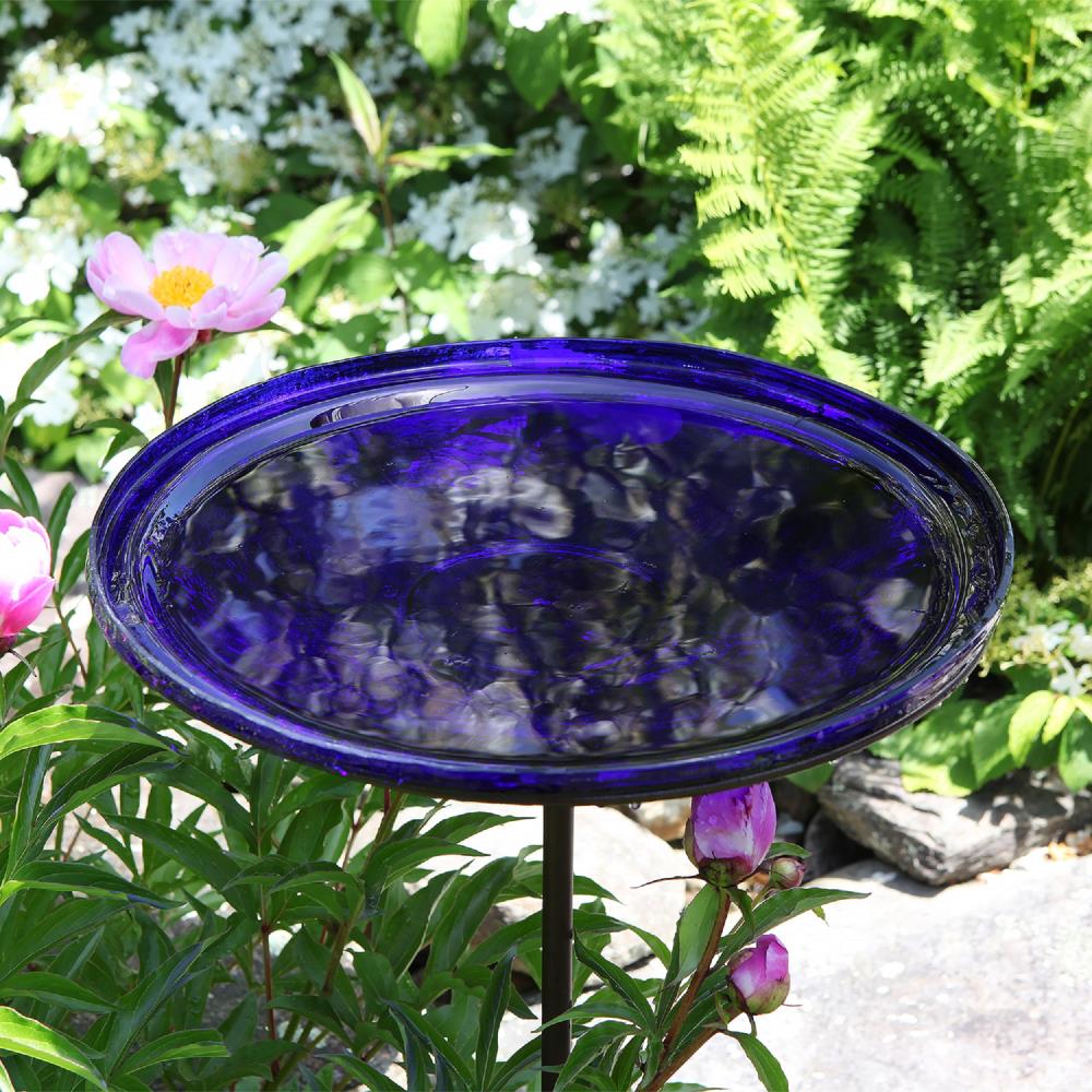 Cobalt Blue Hand Blown Glass Birdbath with Iron Stake