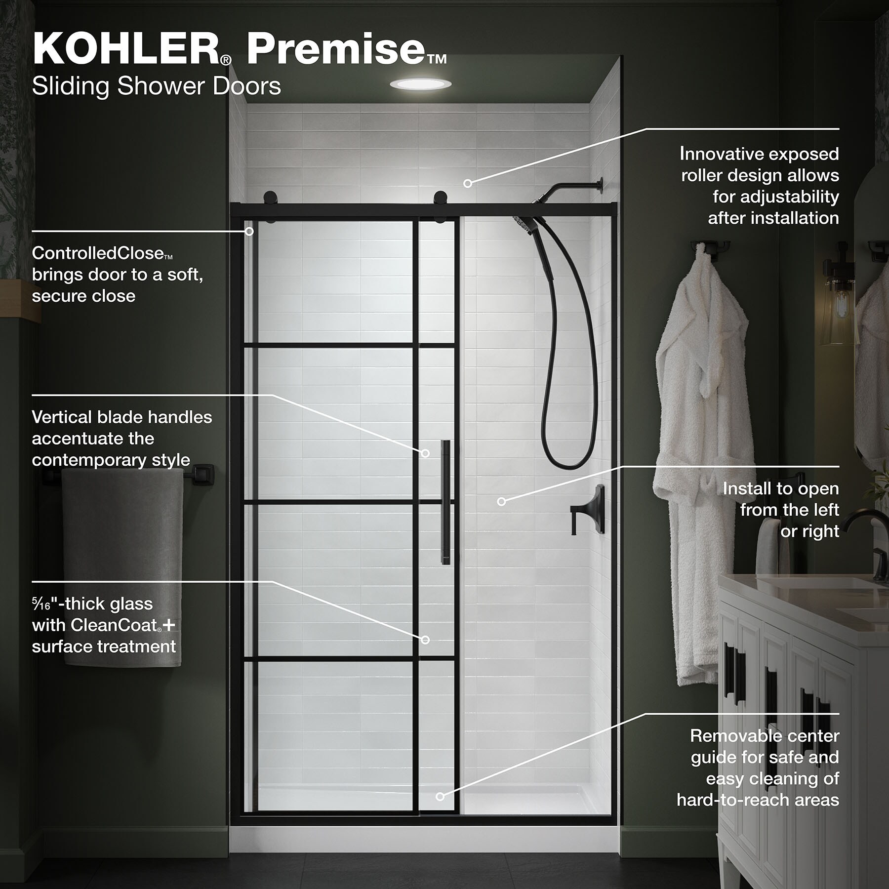 KOHLER Premise Matte Black 44-in to 48-in W x 76.13-in H Frameless ...